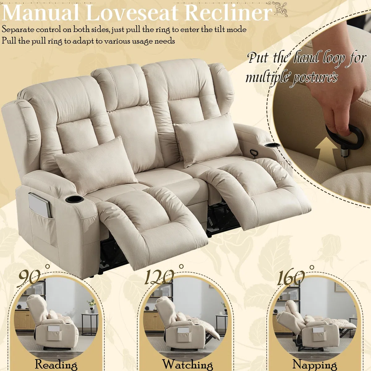 SAMERY Relaxsessel mit Liegefunktion Fernsehsessel Manuell Verstellbar, Zweisitzer Sofa Kinosessel 2 Sitzer mit Getränkehalter Schublade Buchse Stoffbezug