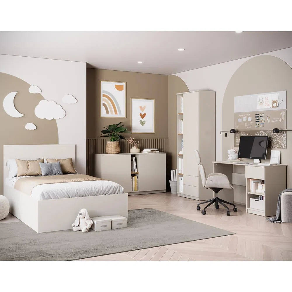 Lomadox Jugendzimmer Set 4-teilig Kaschmir Eiche Bett 120x200cm Sideboard Kleiderschrank Schreibtisch grifflos minimalistisch