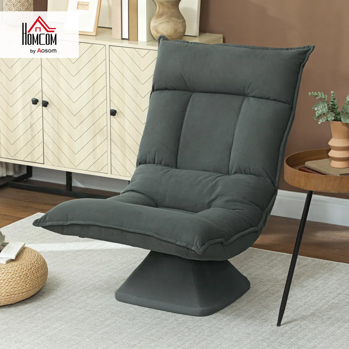 HOMCOM Bodenstuhl 360° Drehbar Bodensessel mit 5-Fach Verstellbarer Rückenlehne, Klappbares Bodensofa Meditationsstuhl Gepolstert Lazy Sofa für Wohnzimmer Gaming & Lesen Dunkelgrau