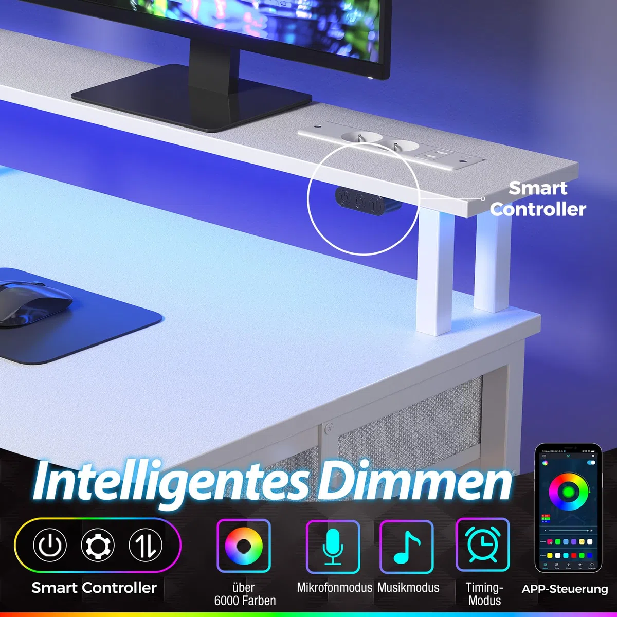Seventable Computertisch mit Steckdosen & LED-Beleuchtung, 120cm Gaming Schreibtisch mit 5 Schubladen, Gaming Tisch mit Monitorständer, fürs Büro, Arbeitszimmer, Schlafzimmer, Wohnzimmer, Weiß