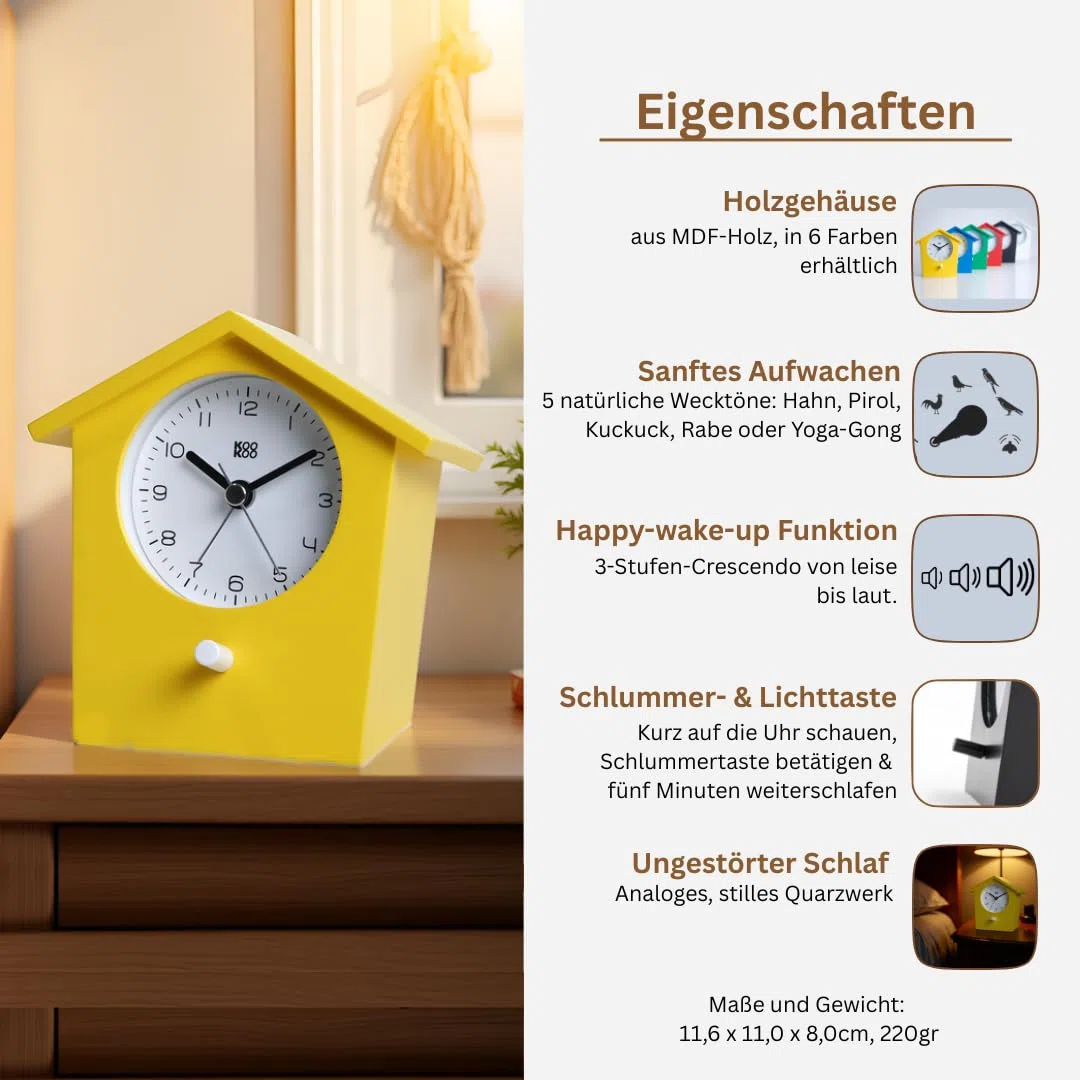 KOOKOO EarlyBird Gelb, Wecker mit Vogelmelodie (Originalaufnahme) oder Dreiklangton