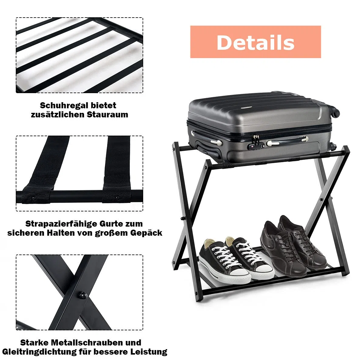 RELAX4LIFE Kofferständer Metall, Kofferablage mit 2 Ebenen, Gepäckablage klappbar, Kofferbock mit 4 Gurten, Gepäckständer für Schlafzimmer Gästezimmer Hotel, Kofferablage für Gepäck, Schwarz (2 Pack)