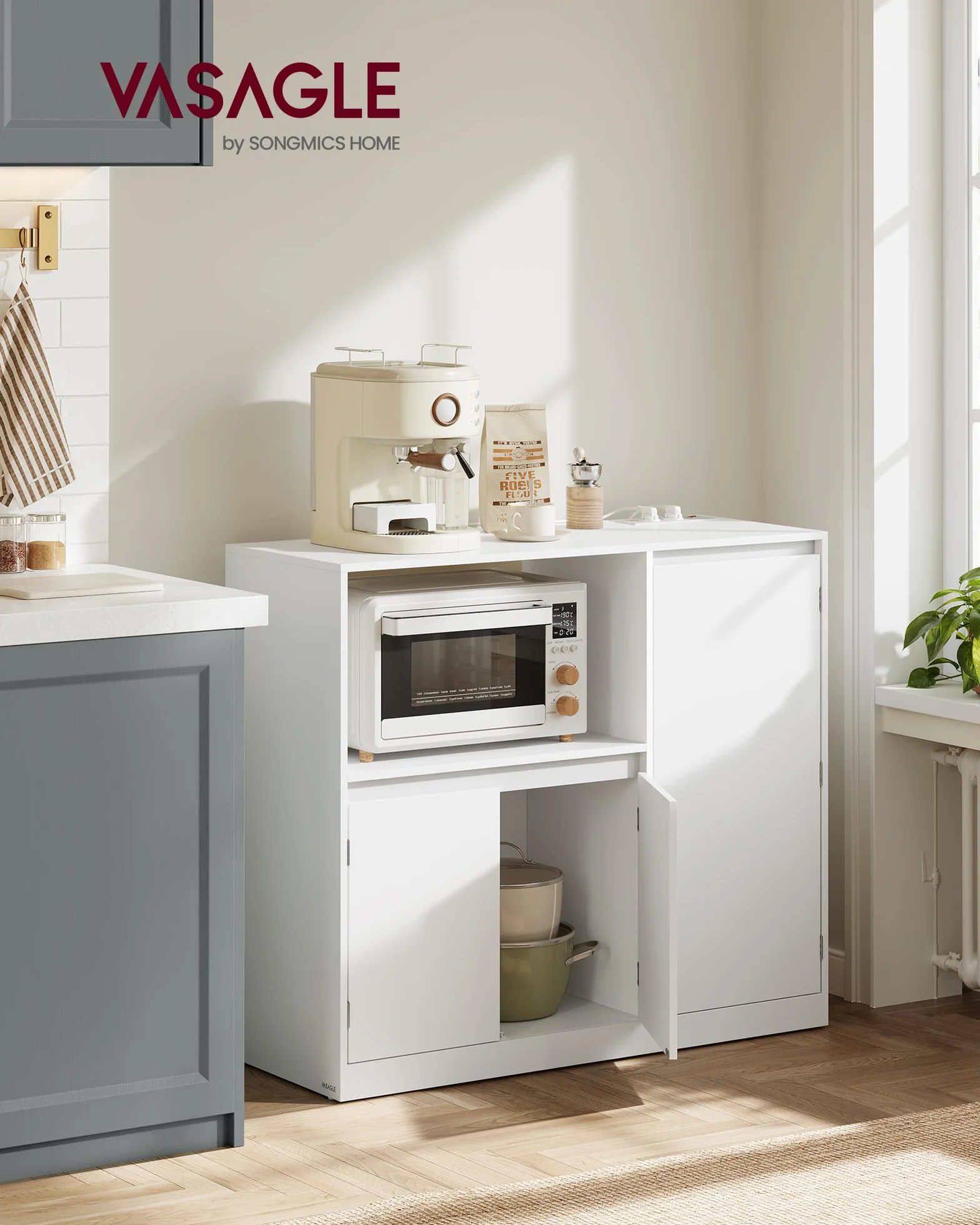 VASAGLE Custos Kollektion - Küchenschrank, Aufbewahrungsschrank, Sideboard mit Arbeitsplatte, Mikrowellenregal, mit 1 offenem Fach, 3 Türen, verstellbaren Ablagen, wolkenweiß BBK373WB01