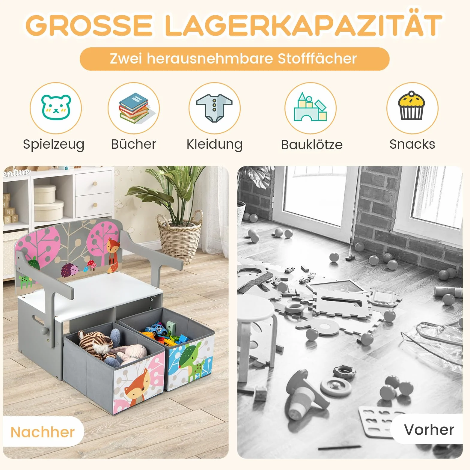 COSTWAY 3-IN-1 Kindertisch mit Sitzbank, Kindersitzgruppe mit 2 abnehmbaren Körben, Kindersitzbank mit stauraum, Spielzeugtruhe mit Rückenlehne, Sitztruhe Truhenbank für Kinderzimmer (Grau)