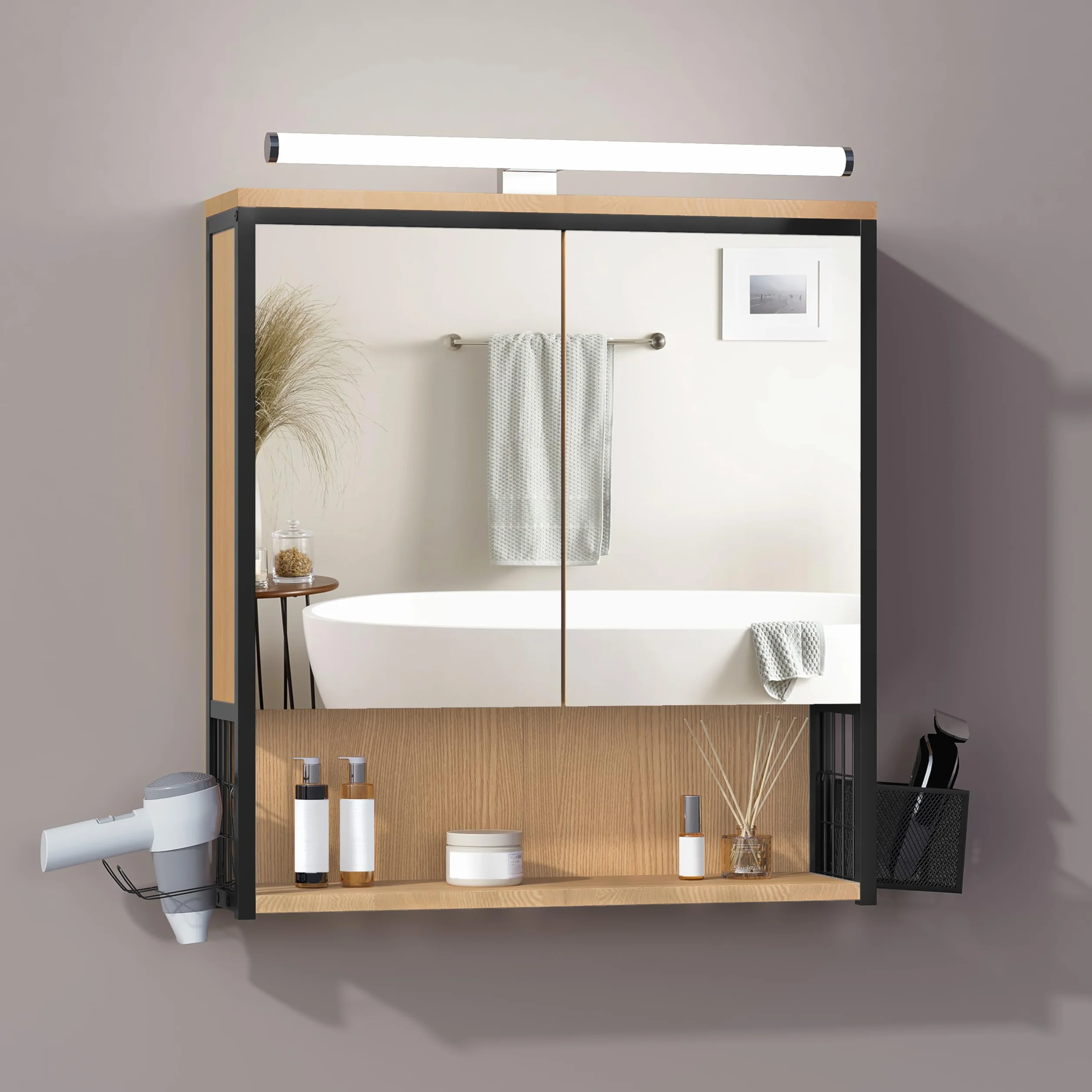 EUGAD Spiegelschrank Bad mit Beleuchtung, Badezimmerschrank mit Spiegel, Badschrank hängend, mit Verstellbarer Ablage Halter Korb, aus Metall MDF, schwarz + helle Eiche