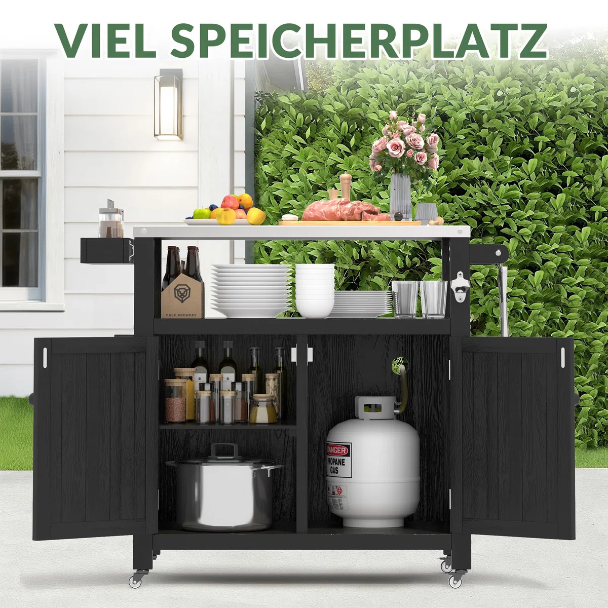 Outdoor Kücheninsel Mit Rollen - Mobile Grillwagen, Außen-Küchenwagen Mit Ablagefach & Arbeitsfläche, Tragbarer Aufbewahrungsschrank Für Garten, Terrasse, Camping & Picknick (Schwarz)