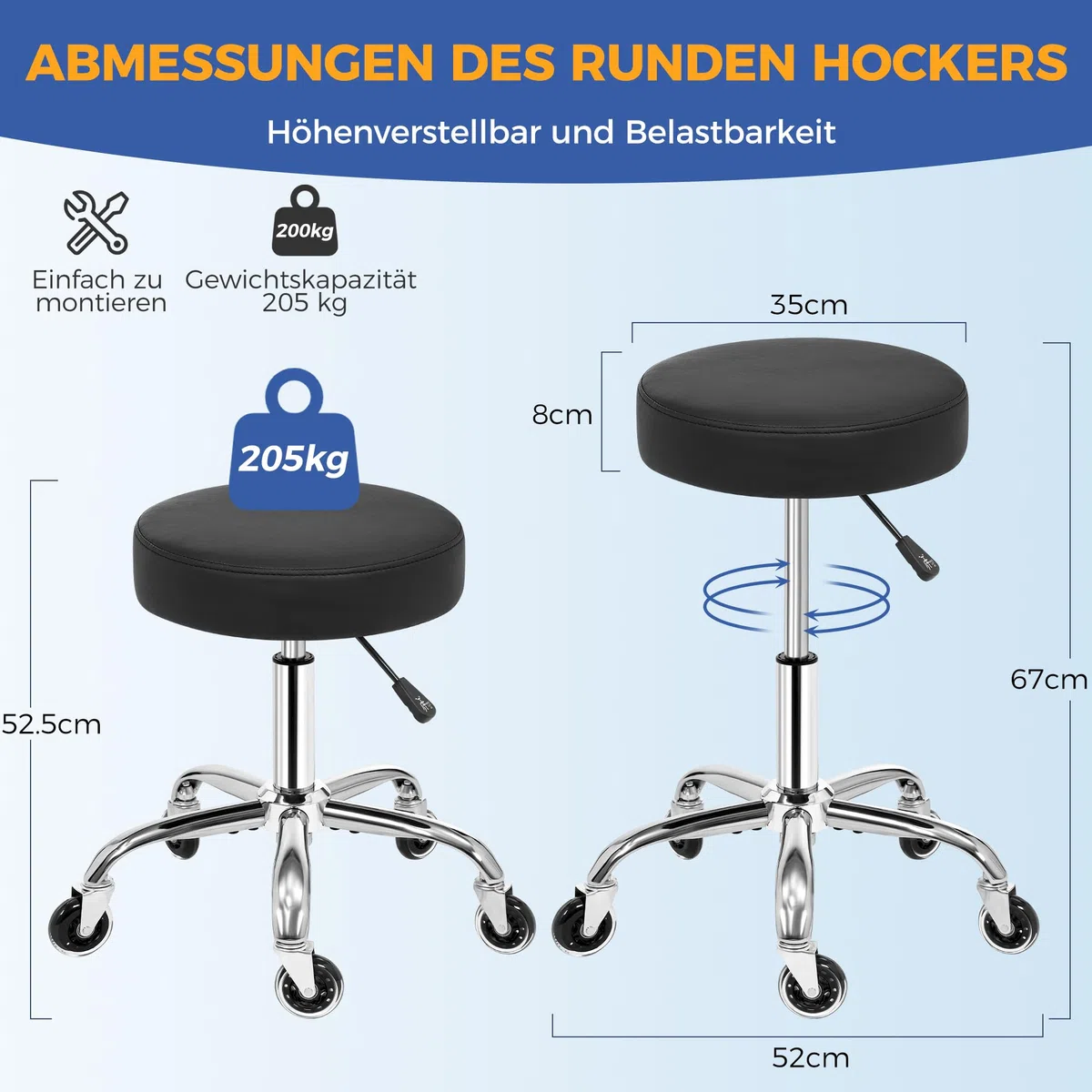 ANWBROAD Rollhocker höhenverstellbar mit Rollen 360° Drehhocker Hocker, Arbeitshocker bis 205 kg belastbar PU-Sitzpolsterung für Salon Spa, Haushalt und Kliniken Schwarz WSC001B