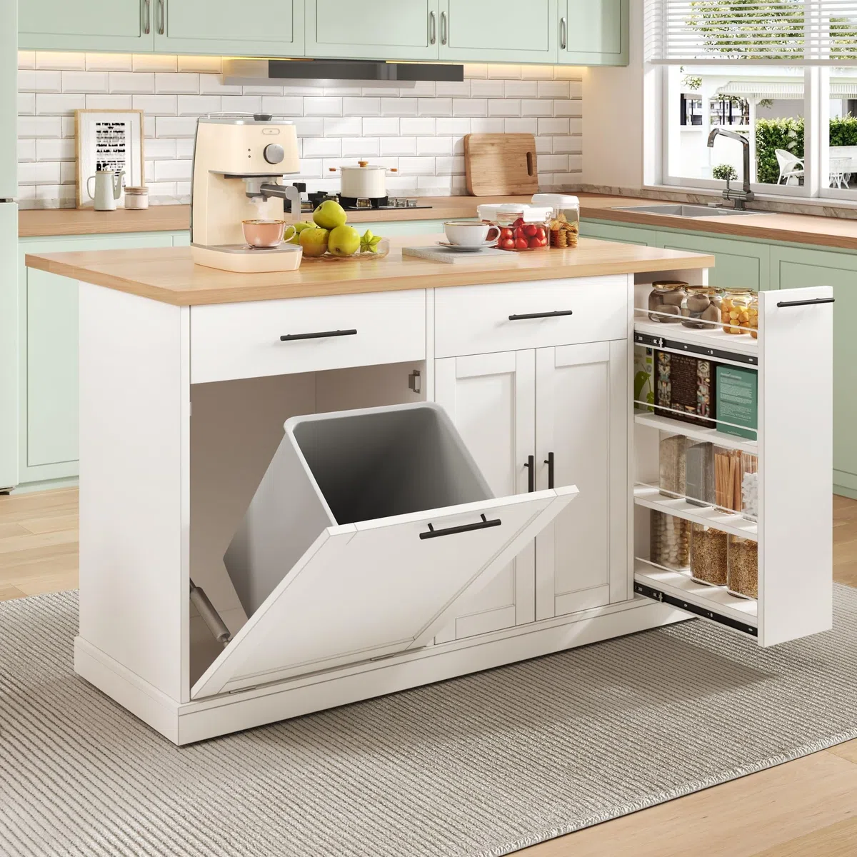 Merax Kücheninsel Freistehend mit Mülleimer, Küchenwagen mit Rollen, Küchenschrank mit Klappbarer Arbeitsplatte, 4 Gewürzregal, 2 Schubladen, Mülleimer Schrank für Küche, 120x70x93,5cm, Weiß
