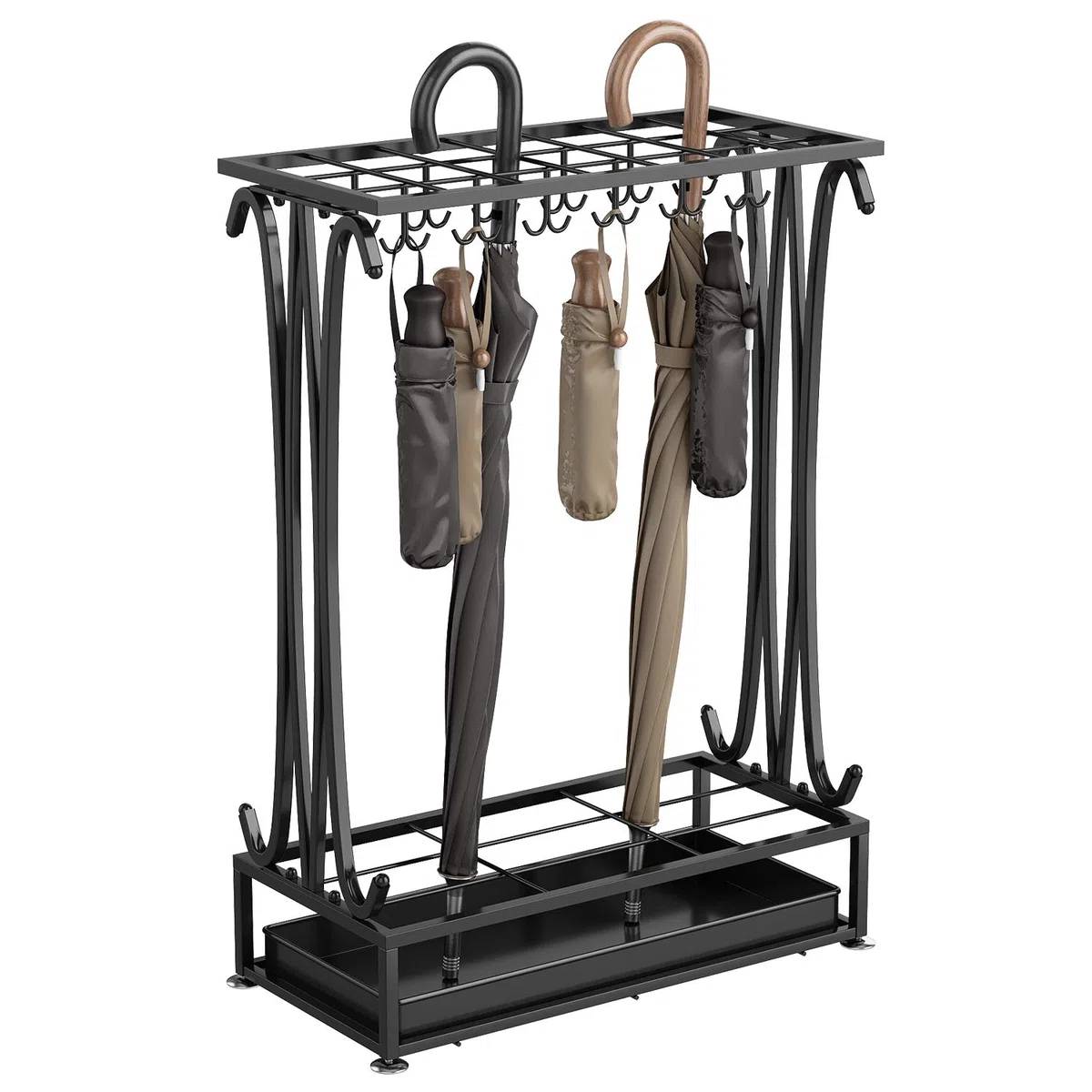 Metall Schirmständer Gehstockhalter mit einem freien Boden Regenwasser-Leckschale (Schwarz, 70 x 50 x 24 cm)