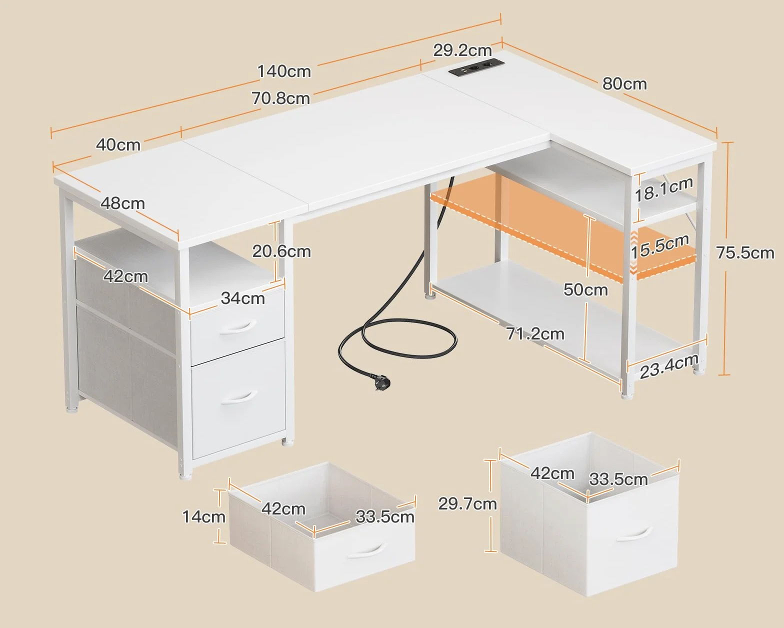 Coleshome Schreibtisch mit 2 Schubladen und Regal, 140×80 cm Eckschreibtisch mit Stauraum und Steckdose, Umkehrbarer Gaming Tisch für Homeoffice & Familienecke, Weiß