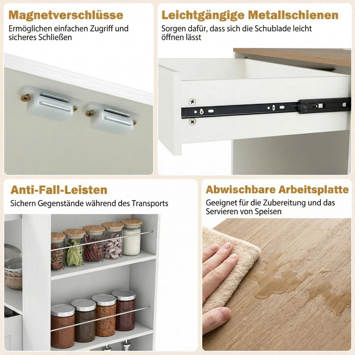 GIANTEX Küchenwagen mit Rollen, Servierwagen mit Arbeitsplatte, 75x46x90,5 cm, Weiß