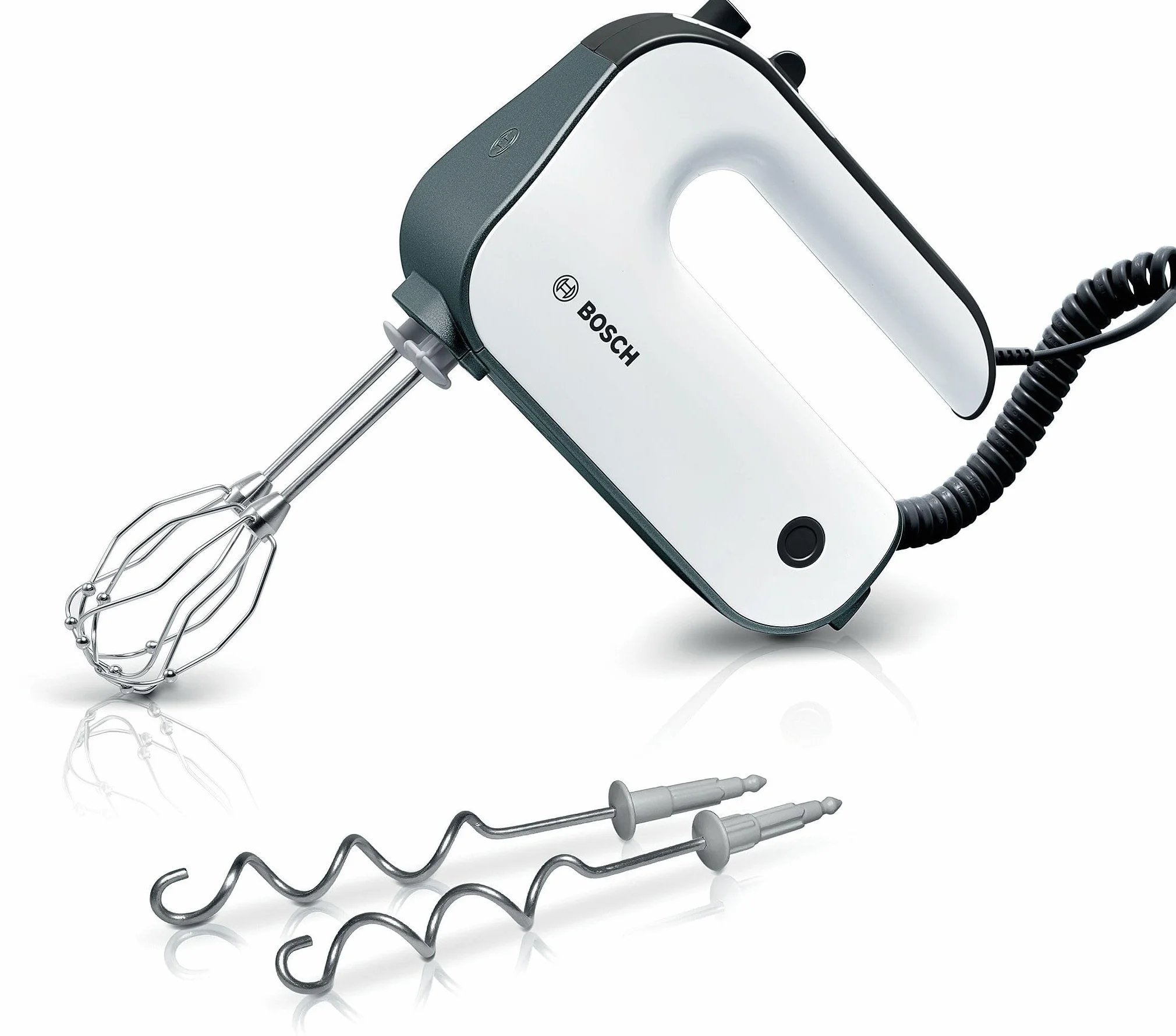 Bosch Handrührer Styline MFQ49300, 5 Stufen, 2 Edelstahl Rührbesen- und Knethaken, Spiralkabel, 850 W, weiß/dark silver