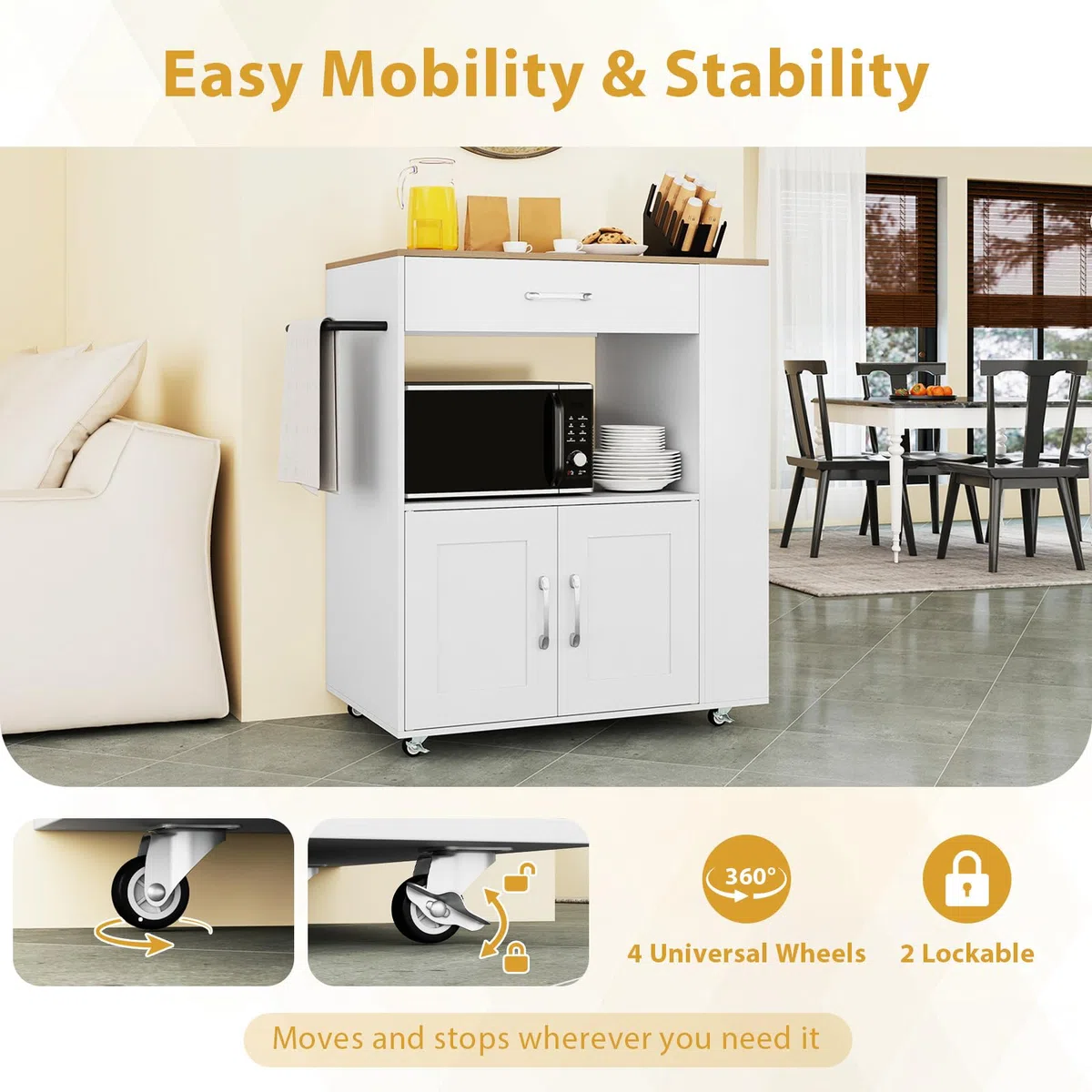 FANTASK Mobiler Küchenwagen mit USB-Ladestation, Servierwagen, 75x46x90,5 cm Weiß