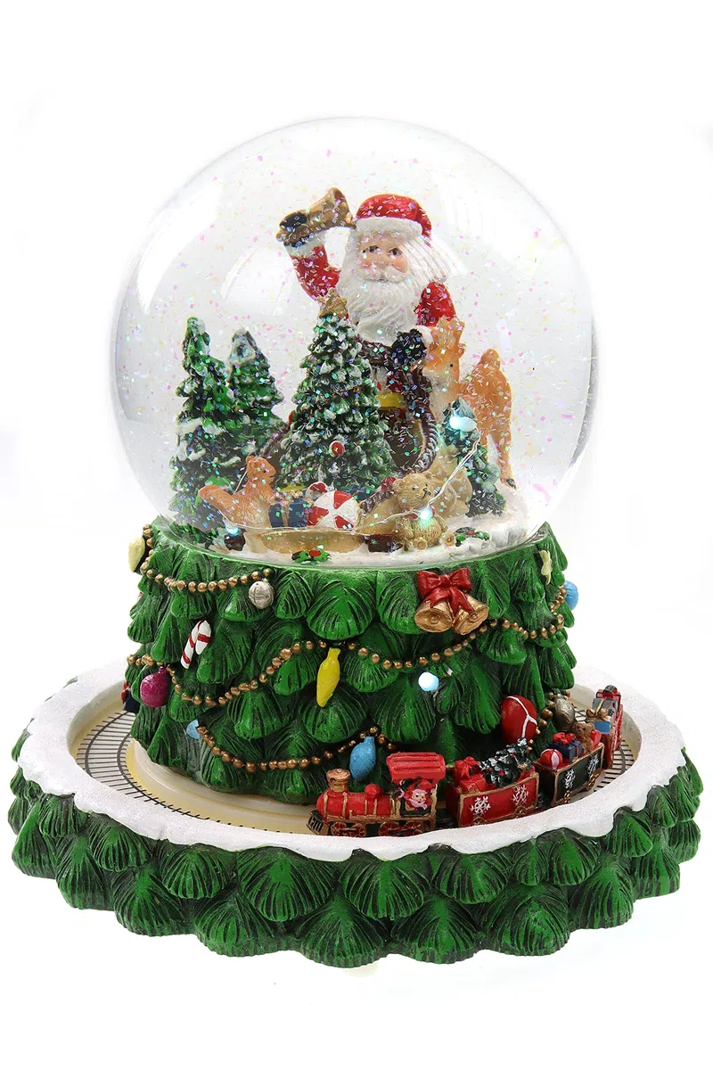 ELLUG Schneekugel/Spieluhr Tannenbaum ⌀150mm, weihnachtlicher Sockel mit rotierendem Zug, Musik, Licht & Schneeantrieb, H: 23,5cm