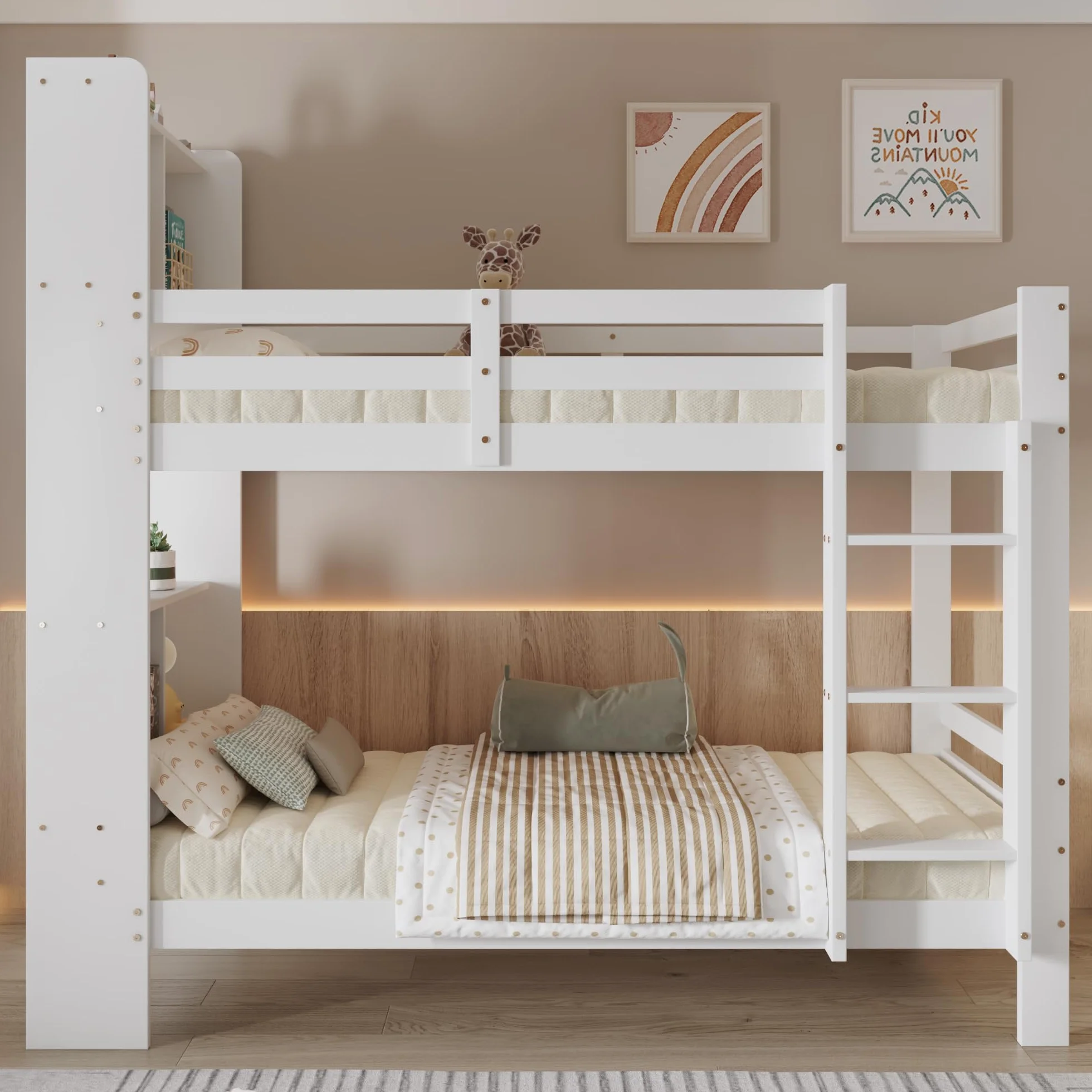 Etagenbett Kinderbett 90x200 cm, Hochbett mit Stauraum Regalen und Leiter, Modern Doppelbett für 2 Kinder mit Rausfallschutz, Weiß