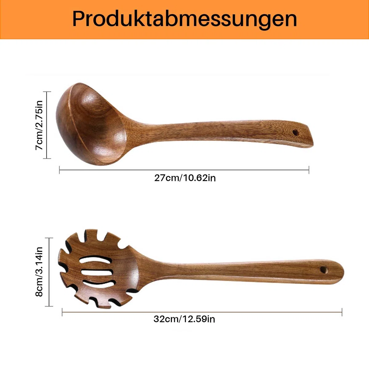 2 Stück Kochlöffel Holz, Holzlöffel mit Spaghettilöffel, Suppenkelle Holz für Kochen, Rühren, Servieren Spaghetti, Suppe, Sauce