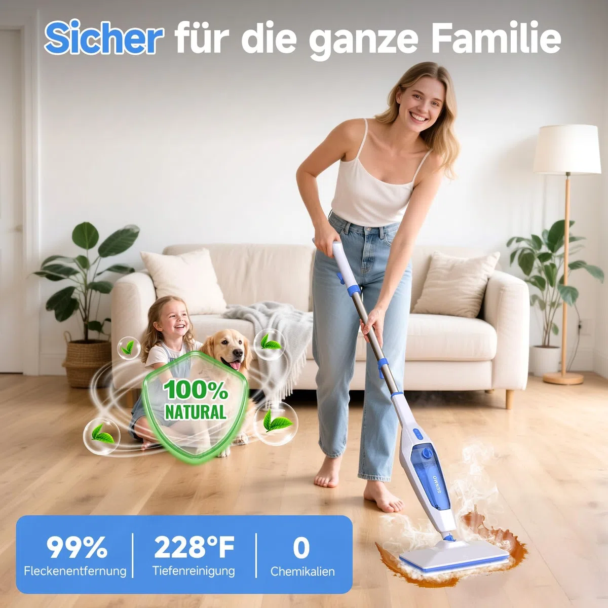 SENMO Dampfreiniger 10-in-1 mit abnehmbarem Handdampfreiniger, 15 s Aufheizzeit, 230°F Heißdampf, als Dampfmop mit Zubehör & 2 Pads, für Böden, Parkett, Fliesen, Fugen, Teppich, Küche & Bad