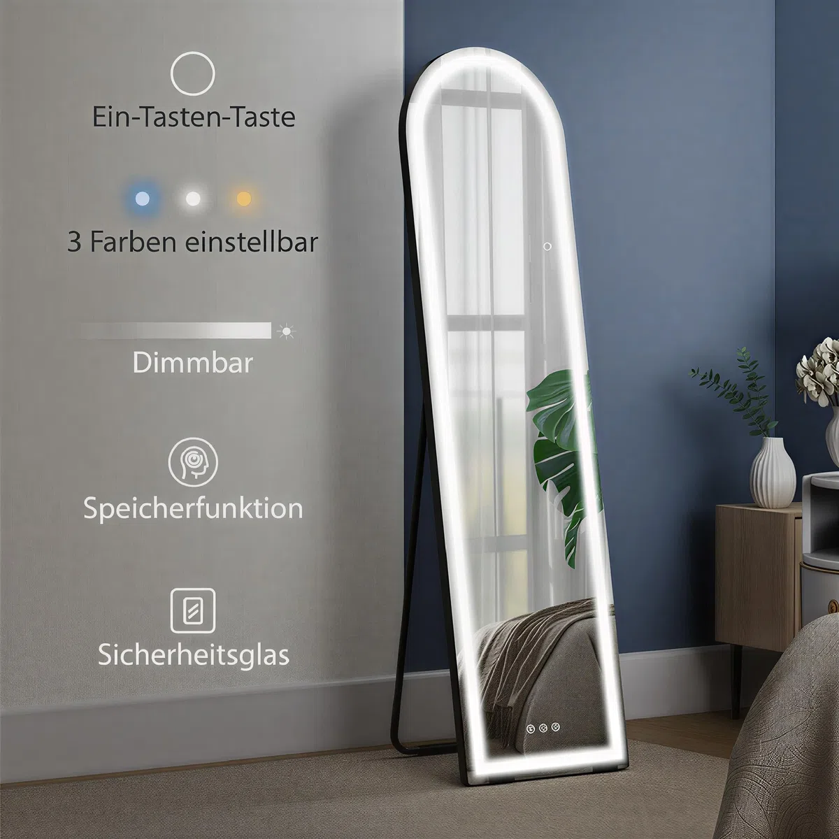 HOMCOM Ganzkörperspiegel mit Beleuchtung 150 x 40 cm Großer Bodenspiegel mit dimmbaren LEDs, 3 Lichtfarben, Memory-Funktion, gewölbt, zum Hängen oder Anlehnen an die Wand, für Schlafzimmer, Weiß