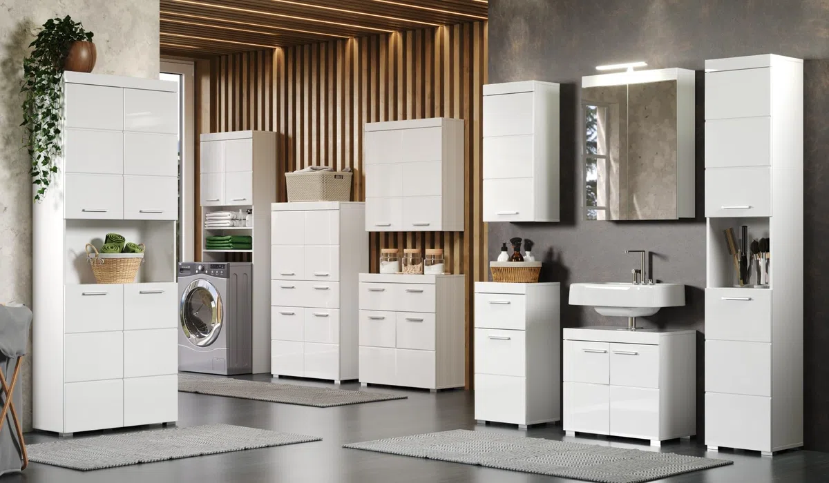 trendteam smart living - Amanda - Kommode - Weiß Hochglanz - Standschrank - (BxHxT) 37 x 79 x 31 cm - Badschrank mit 1 Tür und 1 Schublade - silberfarbene Griffe - universal einsetzbar - Kratzfest