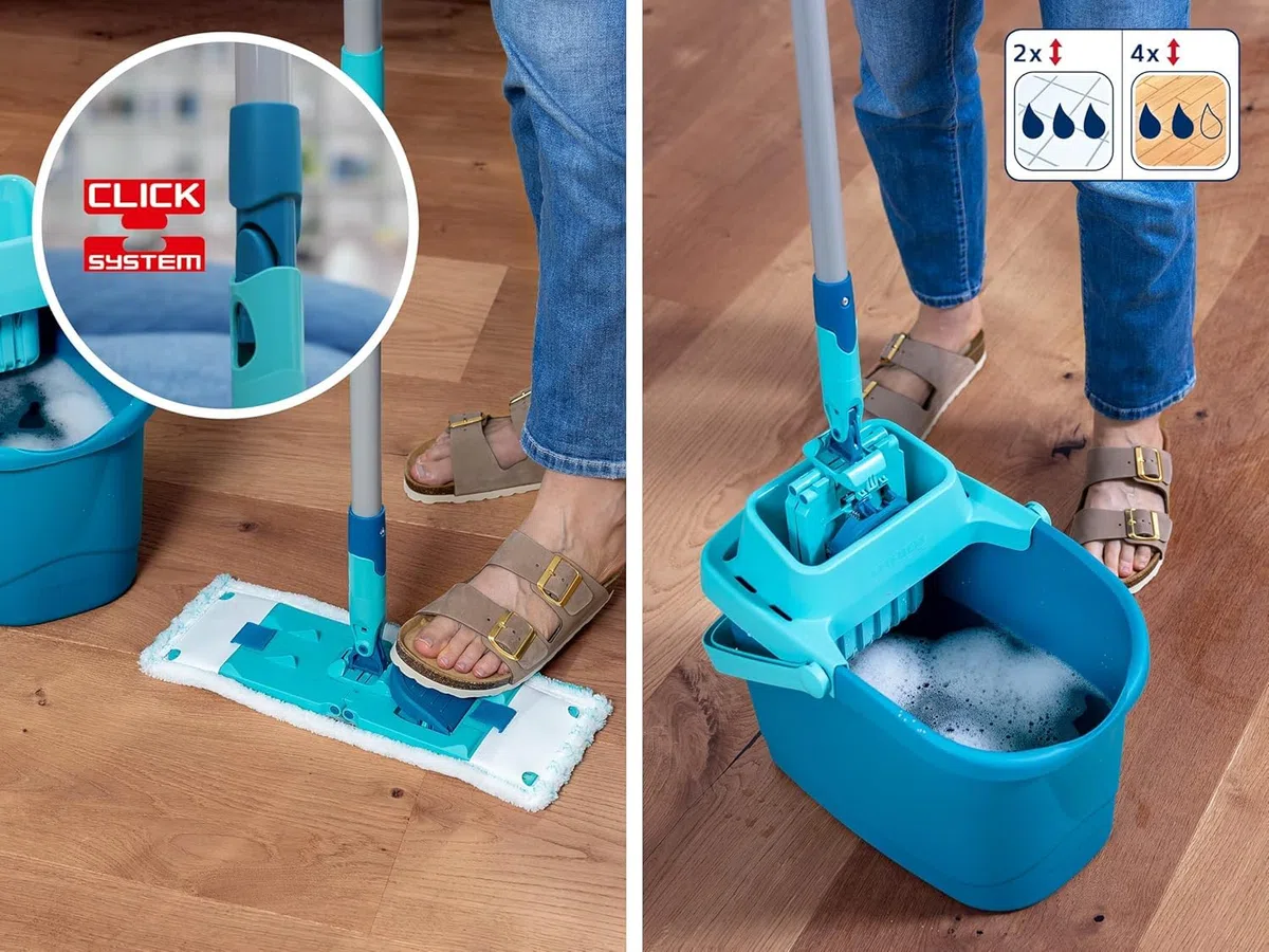 Leifheit Set Power CLEAN, Wischer,rückenschonender Bodenwischer mit Reinigungsklingen, Wischtuchpresse, Wischmopp Set mit Eimer und 2X Mikrofaser Wischbezüge für alle Hartböden, Click-System