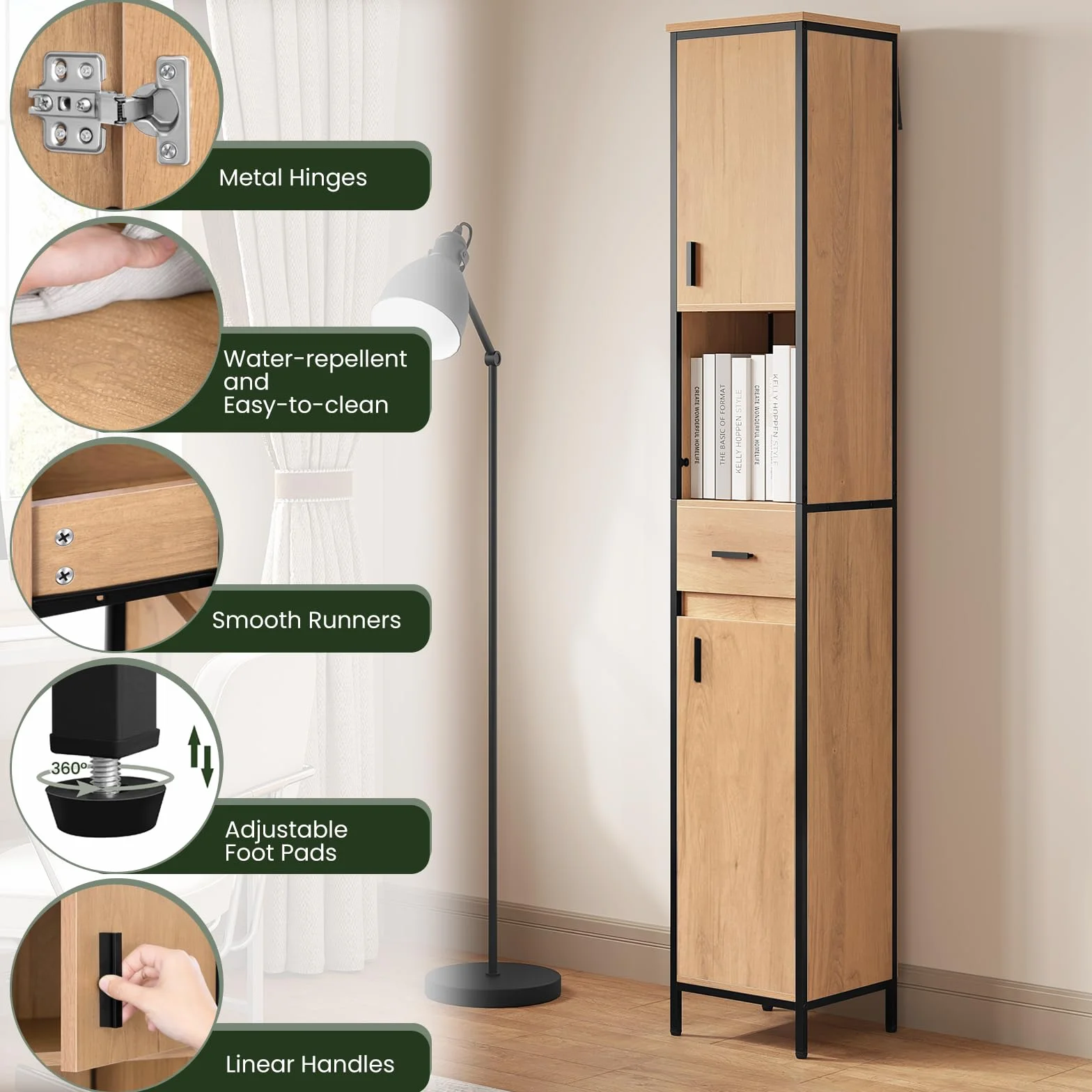EUGAD Badezimmerschrank, Badschrank schmal, Hochschrank Badezimmer, Bad Schrank stehend, mit Schublade, offenem Fach, verstellbaren Ablagen, 30x180x30 cm, schwarz helle Eiche