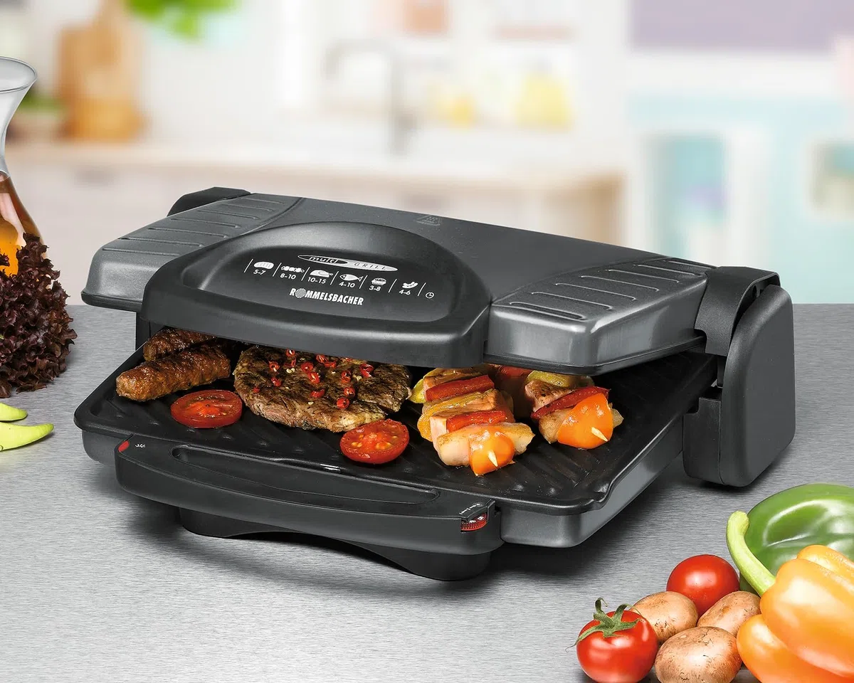 ROMMELSBACHER Multi Grill KG 1800 – flexible Höhenverstellung, komplett aufklappbar, stufenlos regelbar, herausnehmbare, antihaftbeschichtete Grillplatten je 33 x 24 cm, Fettablauf, 1800 Watt