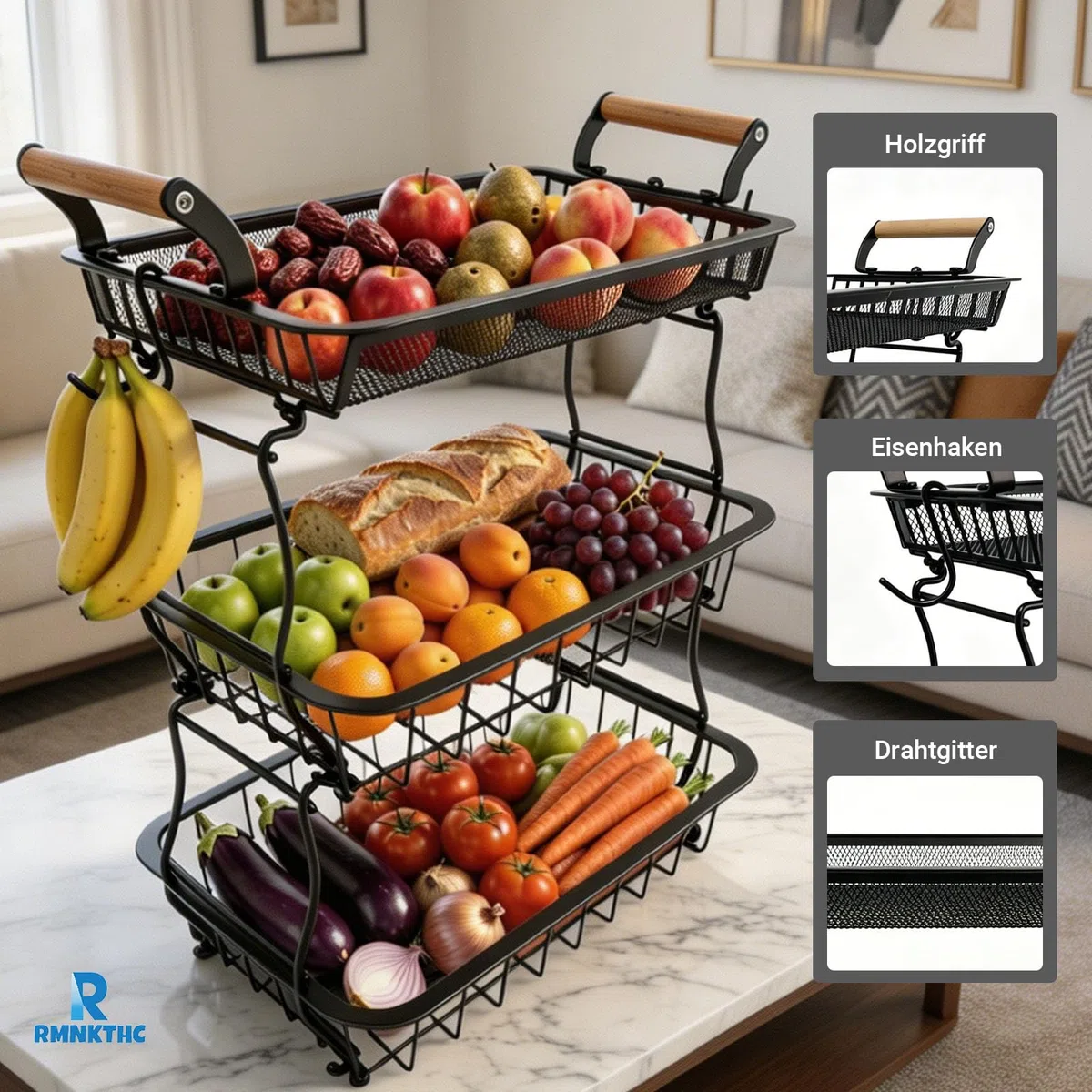 Obstkorb mit 3 Ebenen, Obst-Gemüsekorb mit 2 Bananenaufhängern, Küchenarbeitsplatte, Anrichte, Vorratsschrank, zur Aufbewahrung für Brot, Snacks, Obst（ Schwarz）