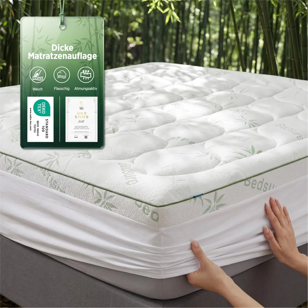 BEDSURE Matratzentopper 180x200 Matratzenschoner Bambus - Matratzenauflage 600GSM Gepolstert für bis 40 cm Höhe kühlend Atmungsaktiv Öko-Tex 100 Allergiker Geeignet bei Rückenschmerzen rutschfest