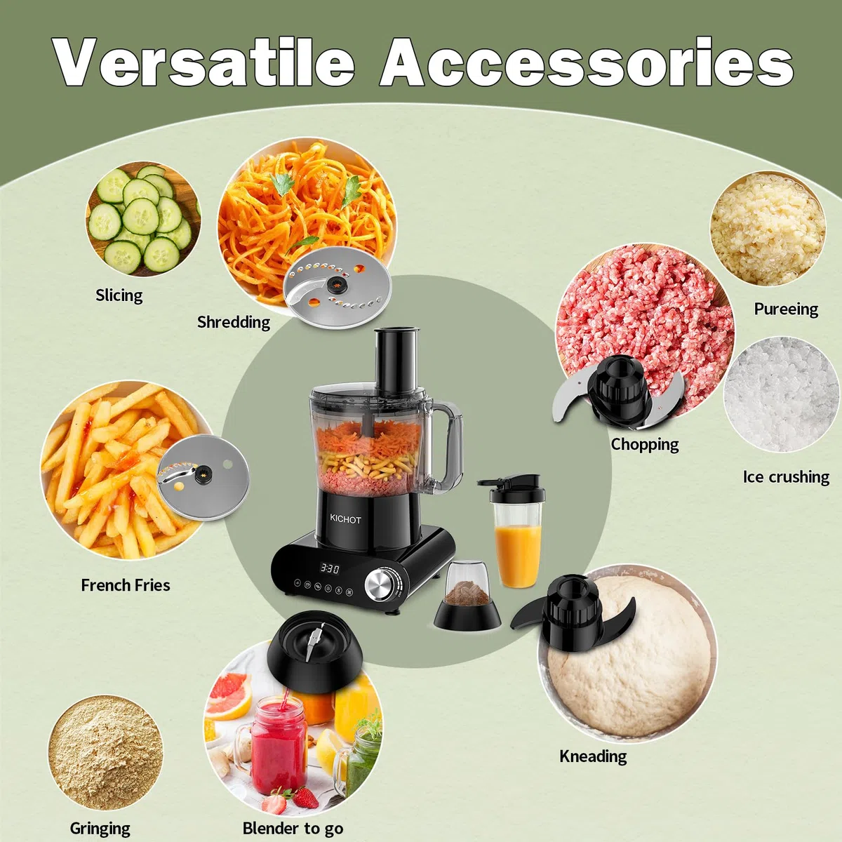 Küchenmaschine & Zerkleinerer, 2.5L Food Processor mit Zubehör Mahlschüssel, 1500W mit Großem Zuführschacht,Eiskrümelung, Mahlen, Zitruspresse, Raspeln, Schneiden & Teigzubereitung, Schwarz
