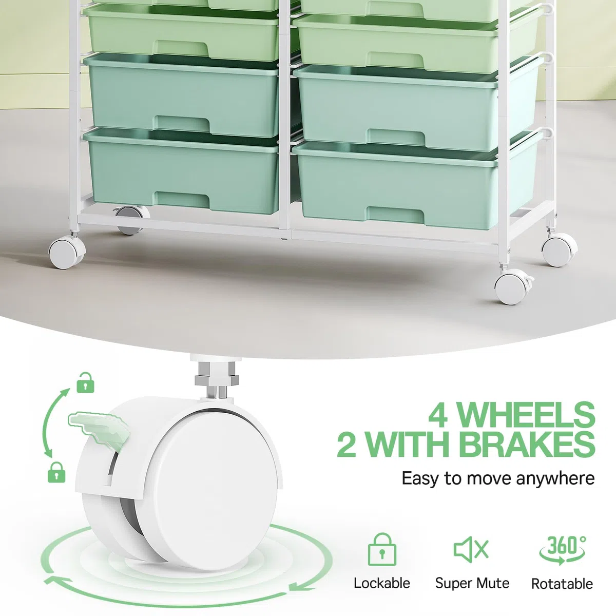 KINGRACK Rollcontainer mit 12 Schubladen und Holzarbeitsplatte, Schubladenschrank für Badezimmer, Küchen, Wohnzimmer und Büros (Grün)
