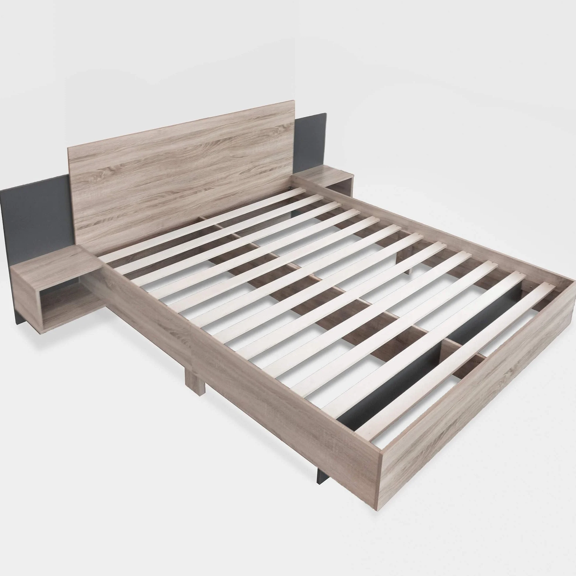 Stilvolle Doppelbett Bettanlage 160 x 200 cm, Mit 2 Nachtkommoden Modernes Bett inkl, Schlafzimmer Komplett Set-205.5x235x76.5 cm(T/B/H) Set in Eiche Sonoma (Ohne Matratze)