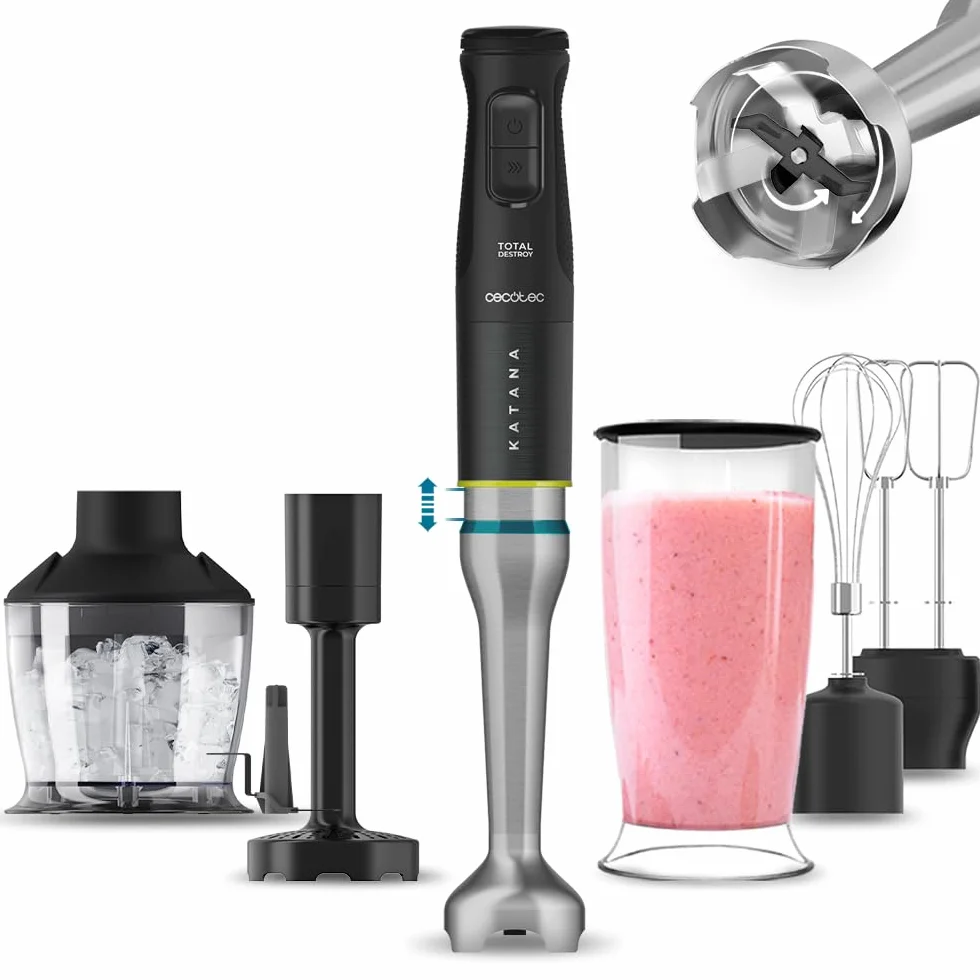Cecotec Handmixer Katana 15 TotalDestroy Smash B. 1500 W, Total Destroy, PerreoMove, 21 Geschwindigkeiten, Turbo-Funktion, Spritzschutzhaube, 8 Titan-Klingen, 800ml Becher