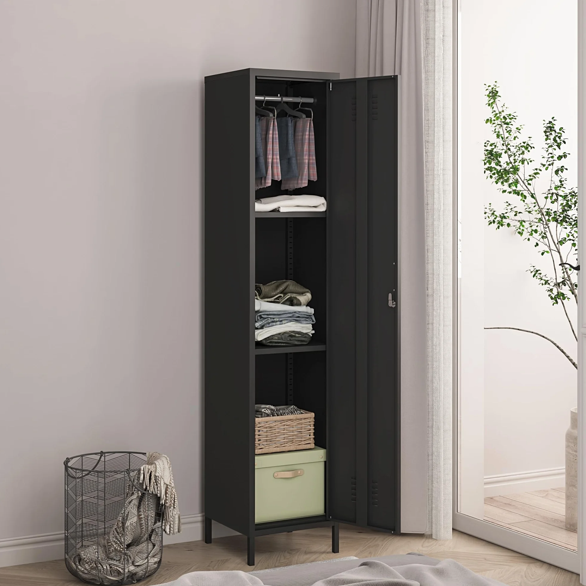 Kleiderschrank Seinäjoki Spind 180 x 38 x 38 cm Metallschrank abschließbar Stahl Schwarz