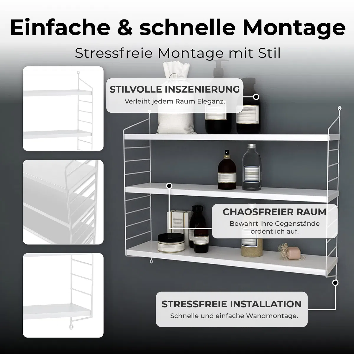 [en.casa] Modulares Wandregal Strängnäs Metallregal Weiß Hängeregal mit 3 Regalböden Badregal Küchenwandregal Wandablage Wohnzimmer