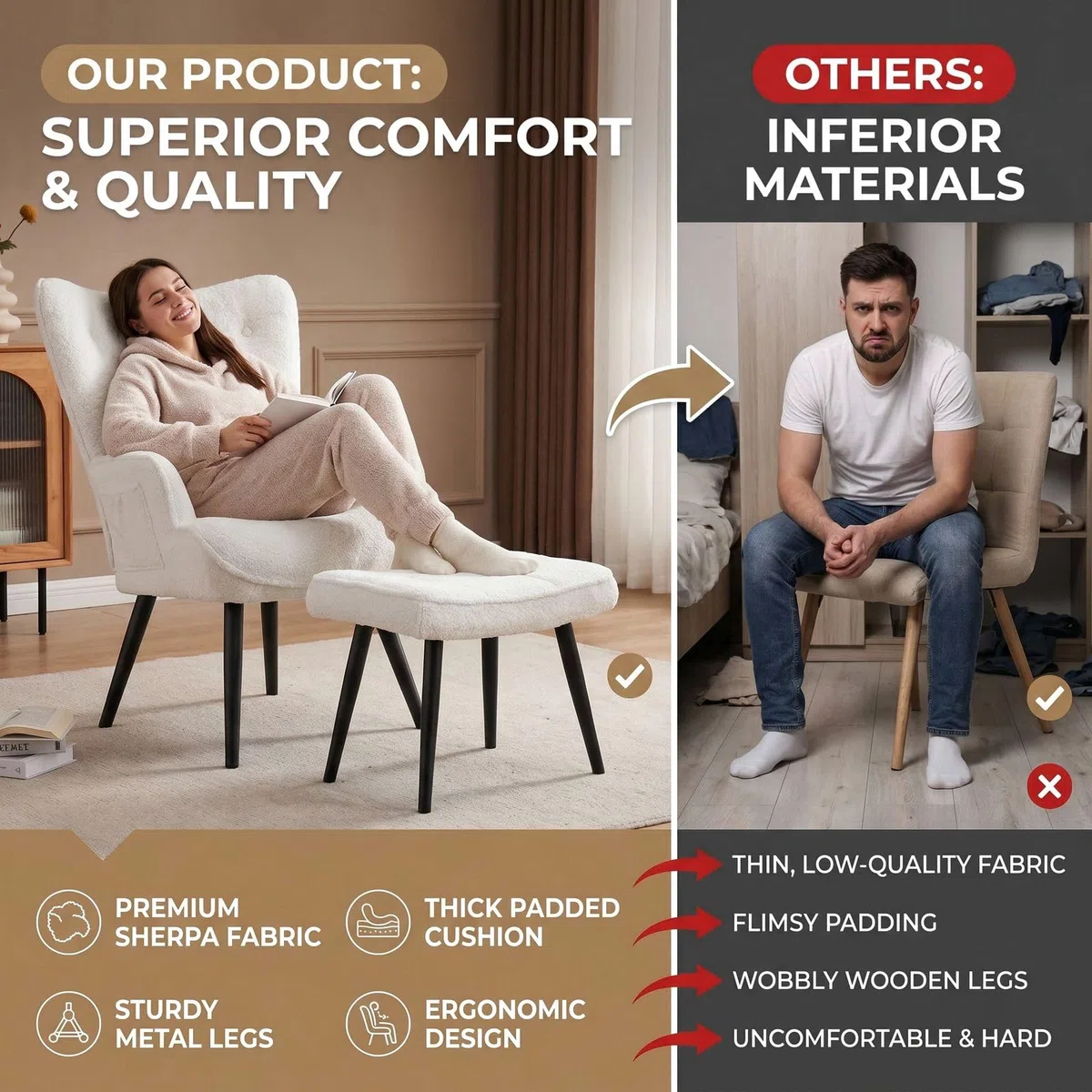 Clevich Ohrensessel - Gemütlicher Loungesessel mit Hocker, Lesesesselaus, Chenille Armchair für Wohnzimmer & Schlafzimmer - Bis 168kg (Weiß)