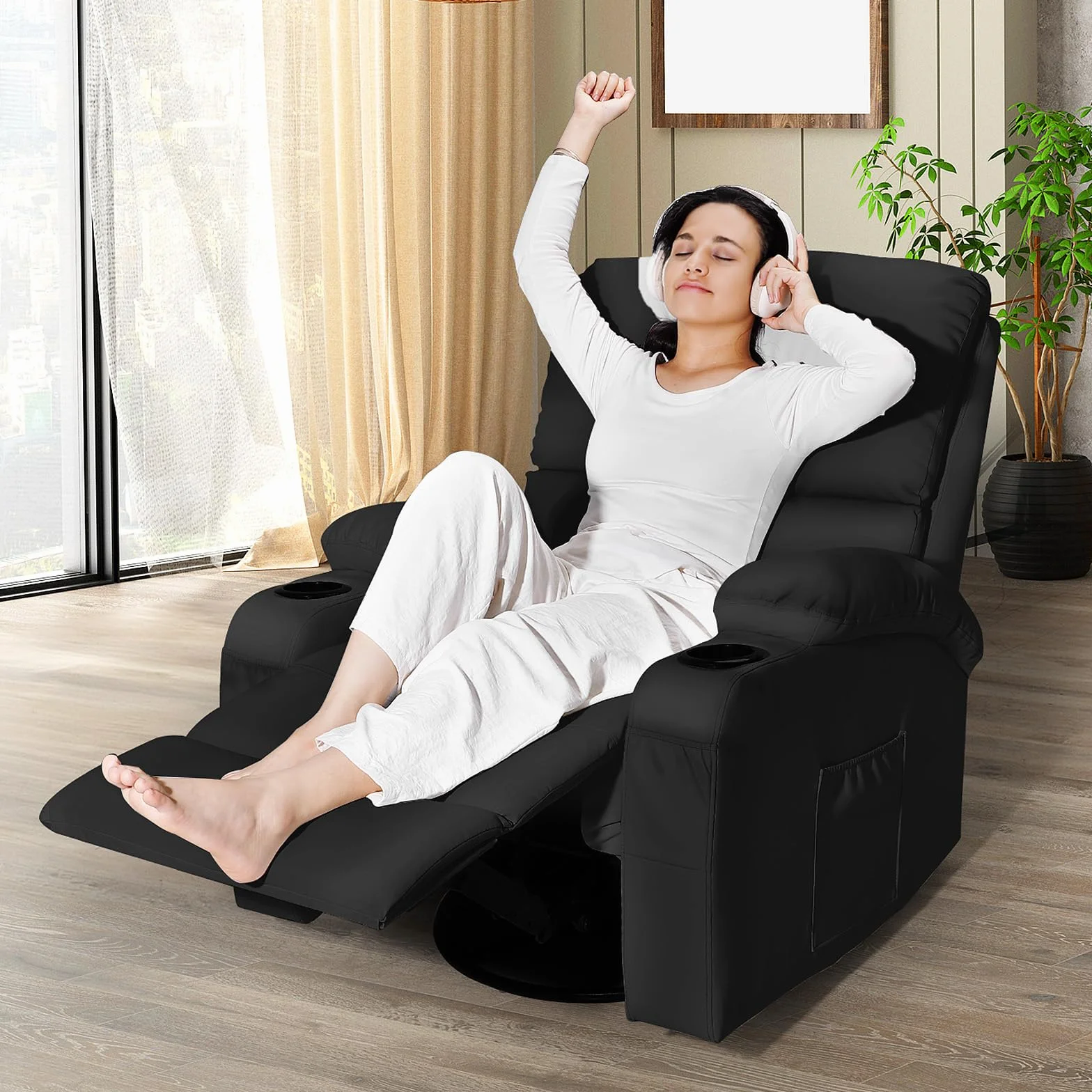 Schaukelstuhl mit Relaxfunktion, Massagesessel mit Vibration und Wärme, USB- und Type-C-Anschlüsse, 360° drehbar, Kunstleder, Schwarz