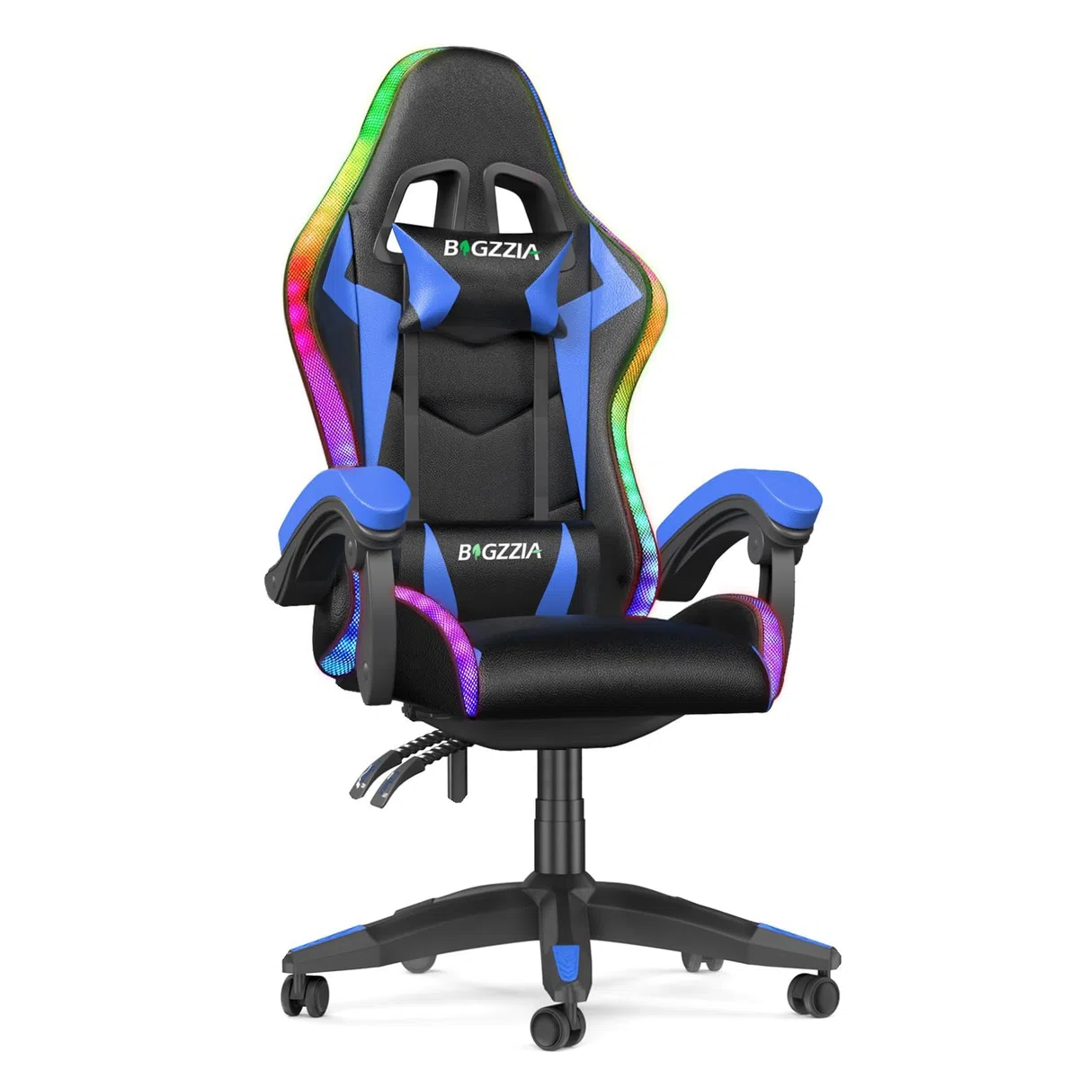bigzzia Gaming Stuhl mit LED - Gaming Sessel Ergonomischer PC Stuhl mit Kopfstütze, Gamer Stuhl RGB Licht Beleuchtung Computerstuhl, Gamer Chair für Jugendliche und Erwachsene, Schwarz-blau