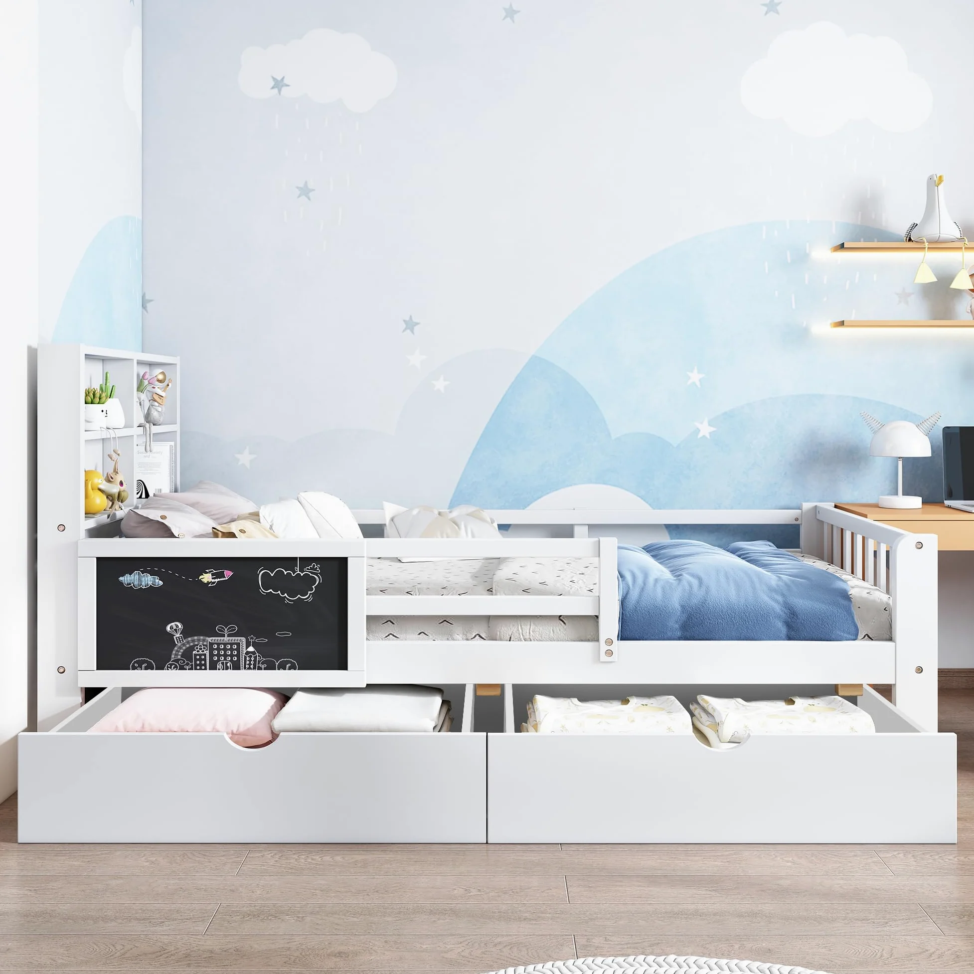 Kinderbett 90x200 Holzbett mit Schubladen und Tafel Kopfteil Bücherregal Rausfallschutz Lattenrost Stauraum Jugendbett Funktionsbett Bettgestell Holz Weiß