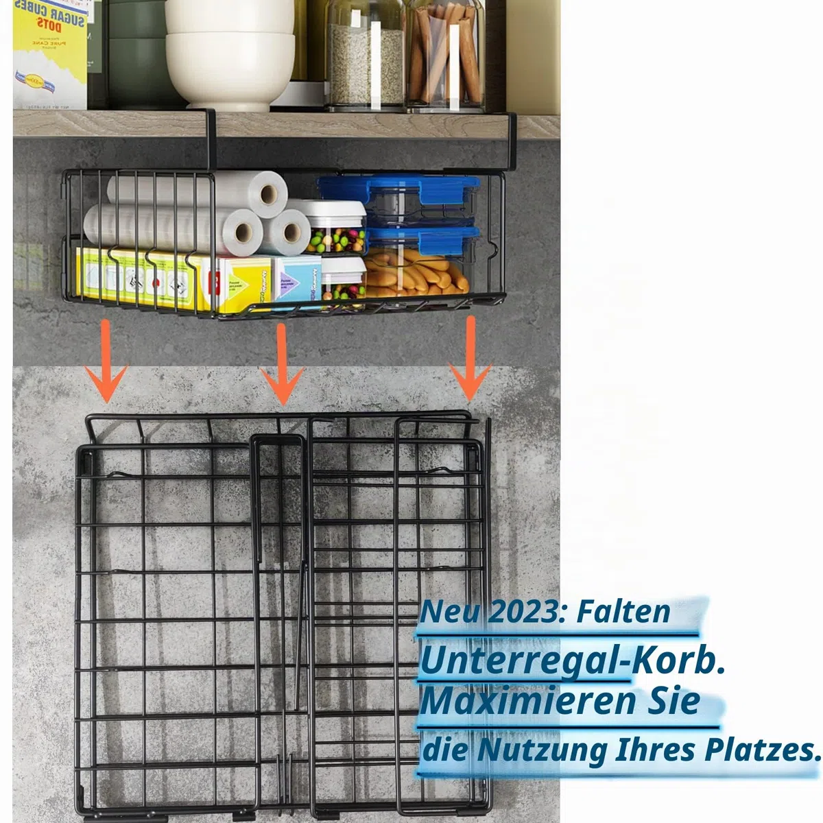 Aufbewahrungskörbe unter dem Regal, 2 Stück – 31,9 cm großes Metall-Unterschrankregal, hängende Drahtkorbregale, Unterregal-Aufbewahrungskorb für Bücherregal in der Küche, Speisekammer