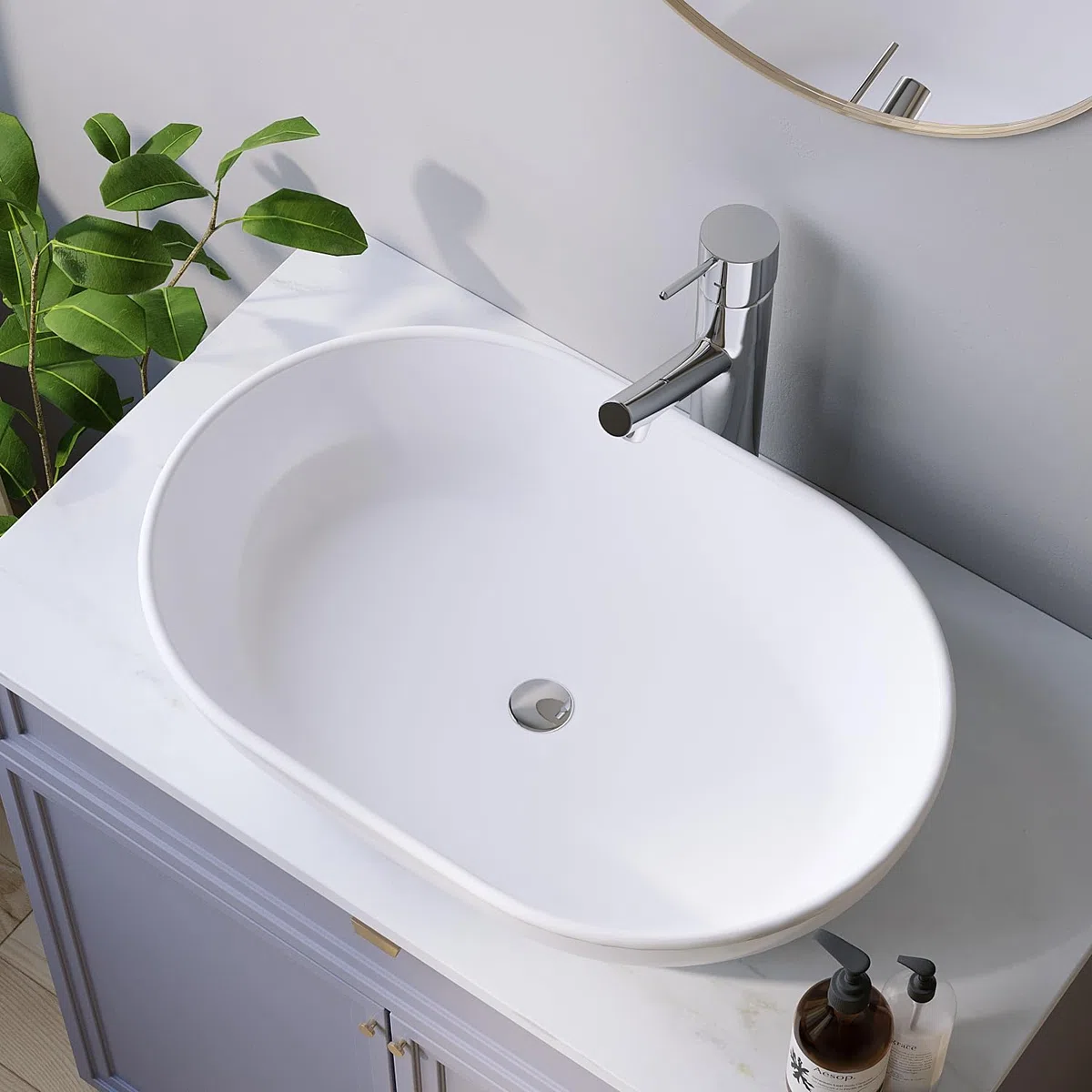 Design-Waschbecken Keramik Weiß Oval 60 x 42 cm Aufsatzwaschbecken Moderner Waschtisch für Unterschrank Waschplatz Badezimmer Handwaschbecken Aufsatzbecken Waschschale OHNE Hahnloch Überlauf