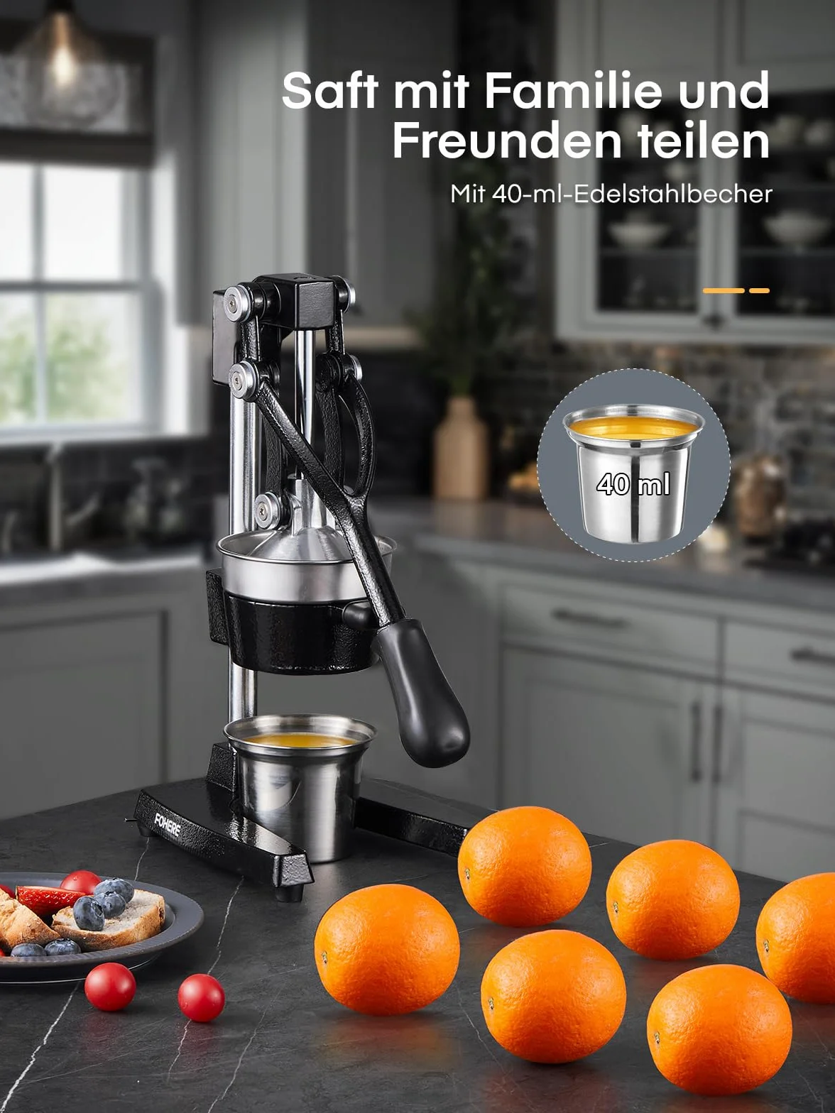 FOHERE Saftpresse Manuell, Professionelle Orangenpresse Handpresse für Orangen, Zitronen, Granatäpfel, Grapefruits, Leicht zu Reinigende Zitruspresse mit Edelstahlbecher