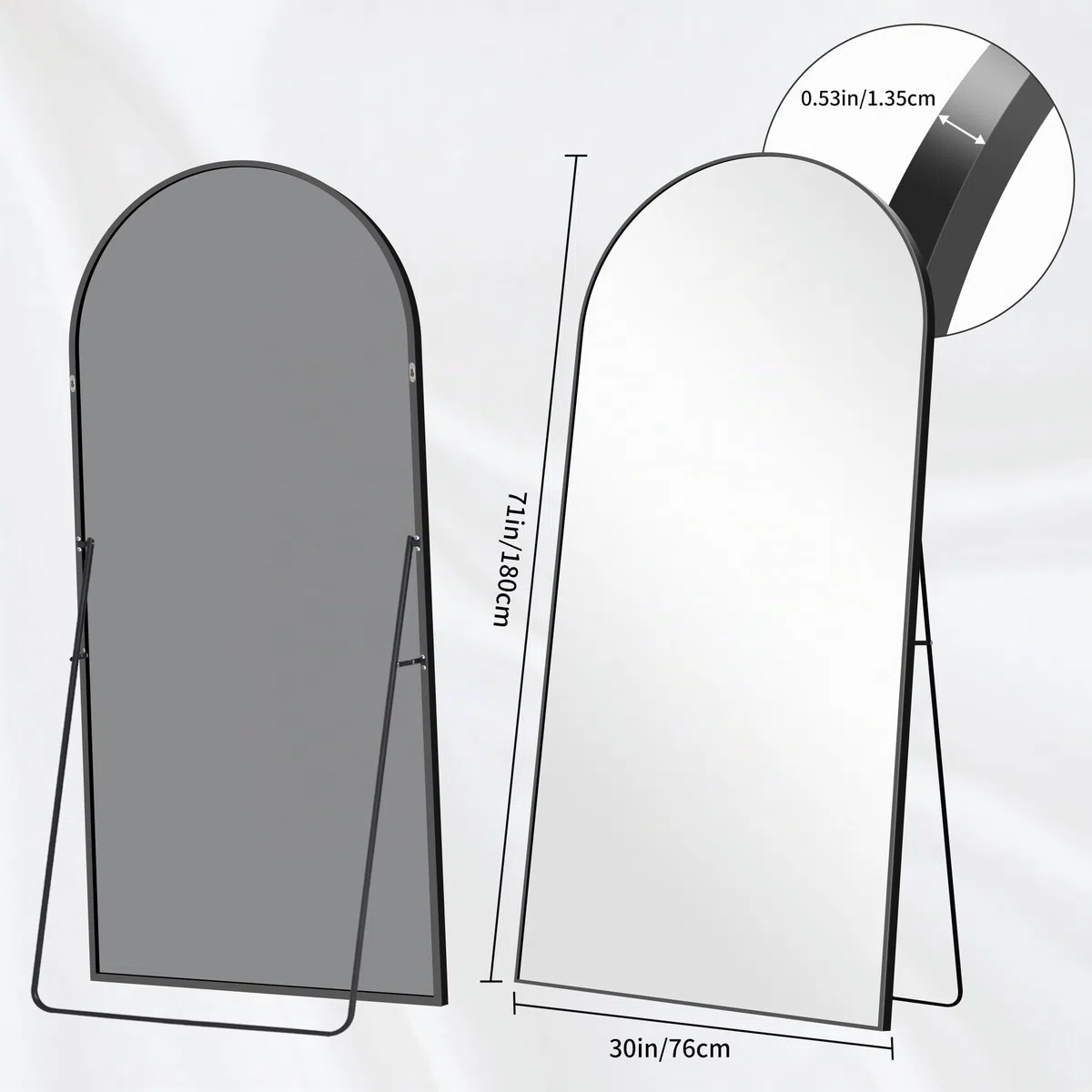 BONEWEI Ganzkörperspiegel 179x65cm, Bogen Standspiegel Ganzkörperspiegel mit Schwarzer Aluminiumrahmen, Groß Gewölbter Wandspiegel zum Stehen, Anlehnen oder Hängen für Wohnzimmer Schlafzimmer Flur
