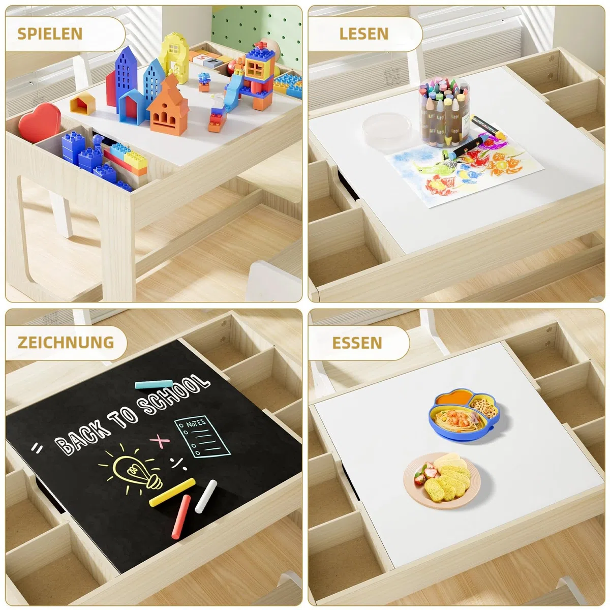 Clevich Kindersitzgruppe mit Stauraum, Kindertisch mit 2 Stühlen, Kinder Tisch Stuhl Set mit wendbarer Tischplatte, Kinderschreibtisch für Kindertagesstätte, für Kinder ab 3 Jahren, Holzfarbe