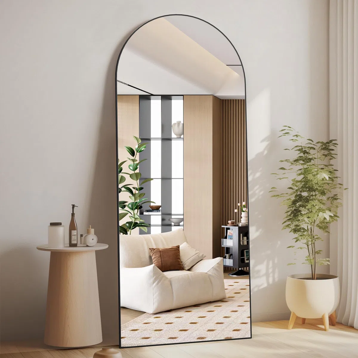 Ganzkörperspiegel, 165X60cm gewölbter Bodenspiegel mit Ständer hängend oder lehnend an die Wand stehender Großer Schlafzimmer für Garderobe (Schwarz)