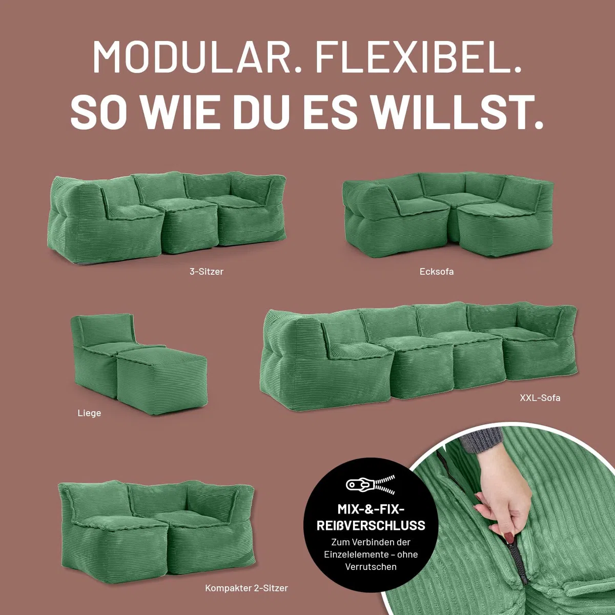 LUMALAND Modular Sitzsack Mitte Cord 200 L für Modulares Sofa | ideales Match mit Sessel & Pouf | EPS Perlen Bean Bag mit Füllung | Indoor Lounge Sitzkissen waschbar für Wohnzimmer, Schlafzimmer & Co.