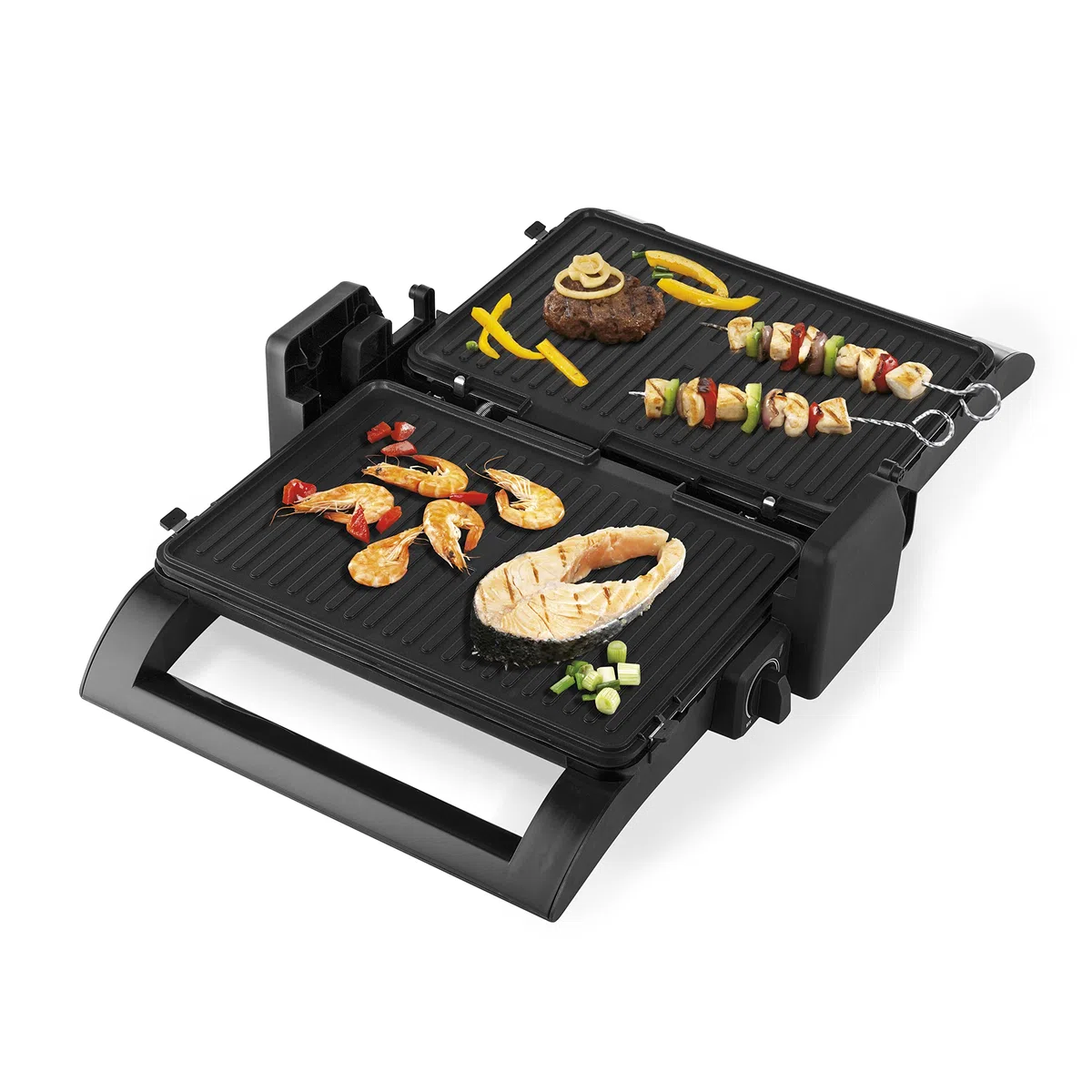 Princess Multi-Grill 4-in-1, Kontaktgrill - Tischgrill - Sandwich Maker und Waffeleisen, Aus rostfreiem Stahl, 1500 Watt Leistung, inklusive 3 Plattensätze, 180° aufklappbar, Schwarz/Silber, 112536