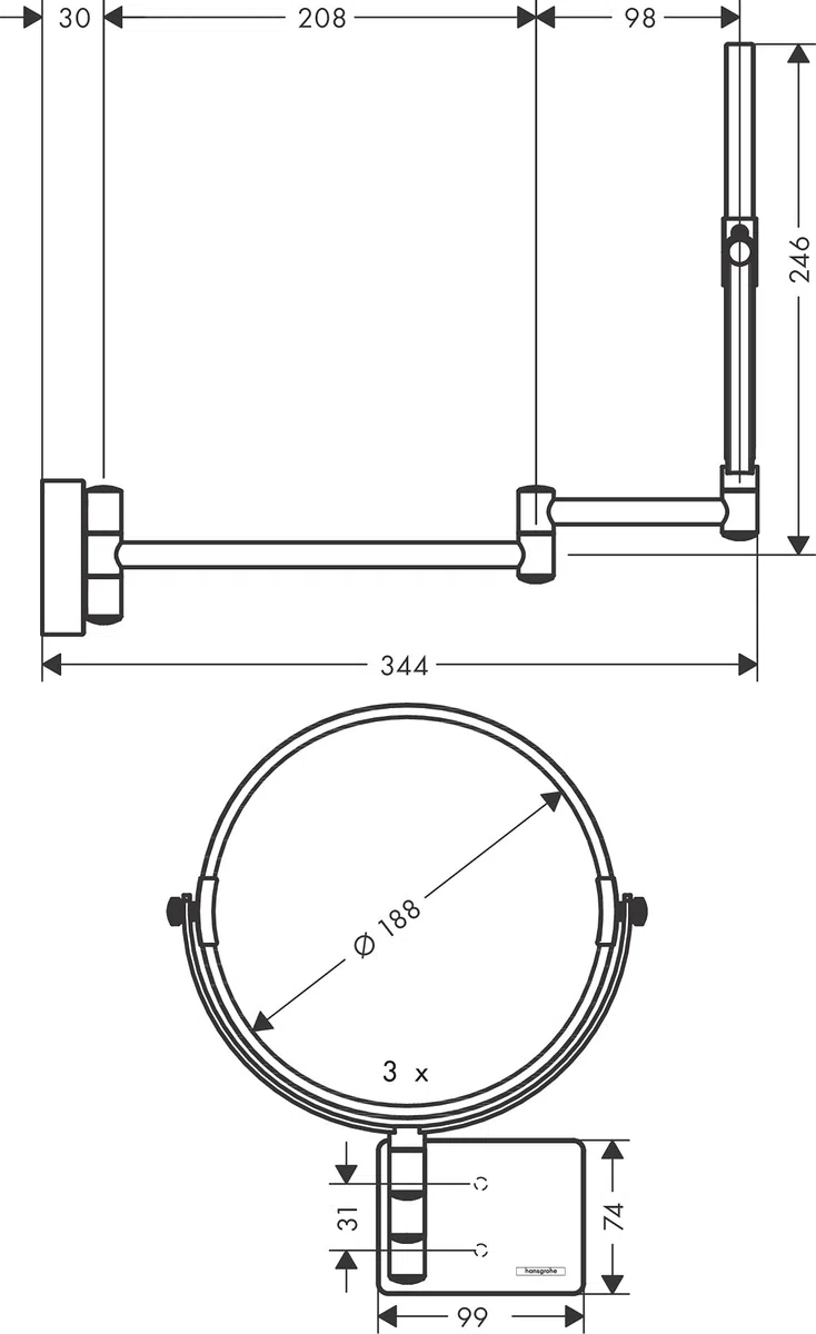 hansgrohe Addstoris - Kosmetikspiegel, Schminkspiegel, Rasierspiegel mit 3-fach Vergrößerung, Badezimmer Zubehör, Chrom, 41791000