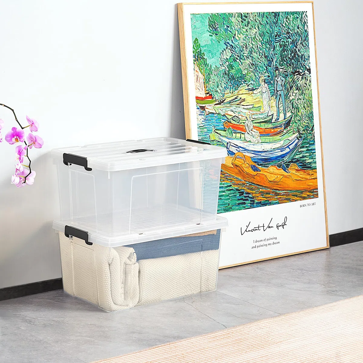 Cetomo 65L*4 Aufbewahrungsboxen, Tragbare Plastikboxen mit Deckeln, Organizer-Behälter mit Griff und Clips, Stapelbar, Ineinander Nestbar, für Zuhause und Büro, Transparent, 65L-4er Pack
