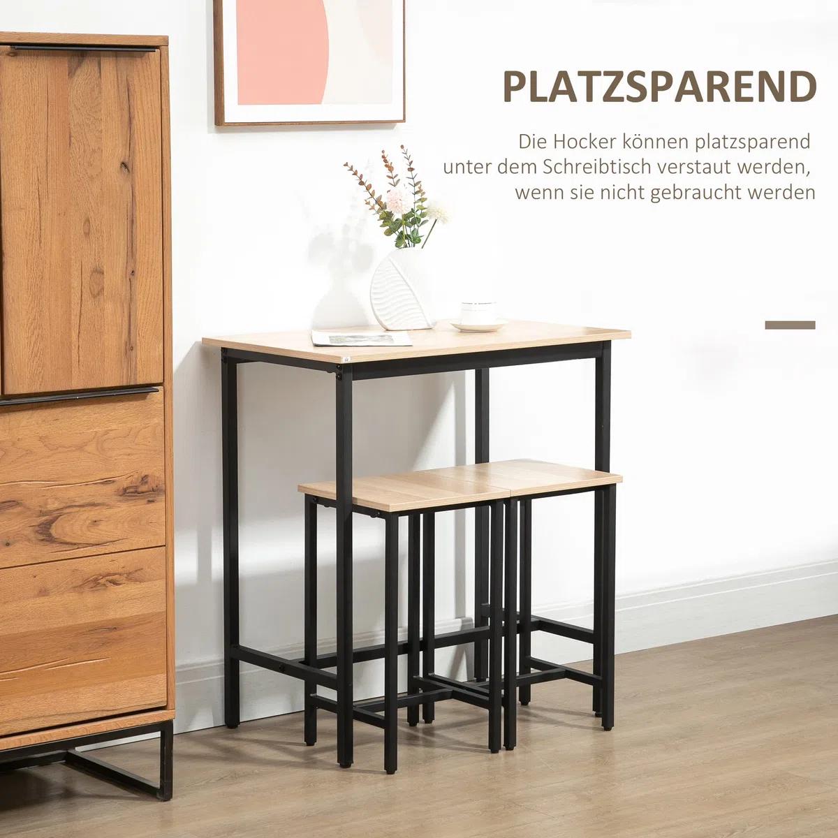 HOMCOM 3-teilig Esszimmergruppe Bartisch mit 2 Stühlen Essgruppe Esstisch Set Bartisch Set für Küche Esszimmer Bistro Industrie-Design Spanplatte Stahlrahmen Naturholz+Schwarz 80 x 50 x 85 cm