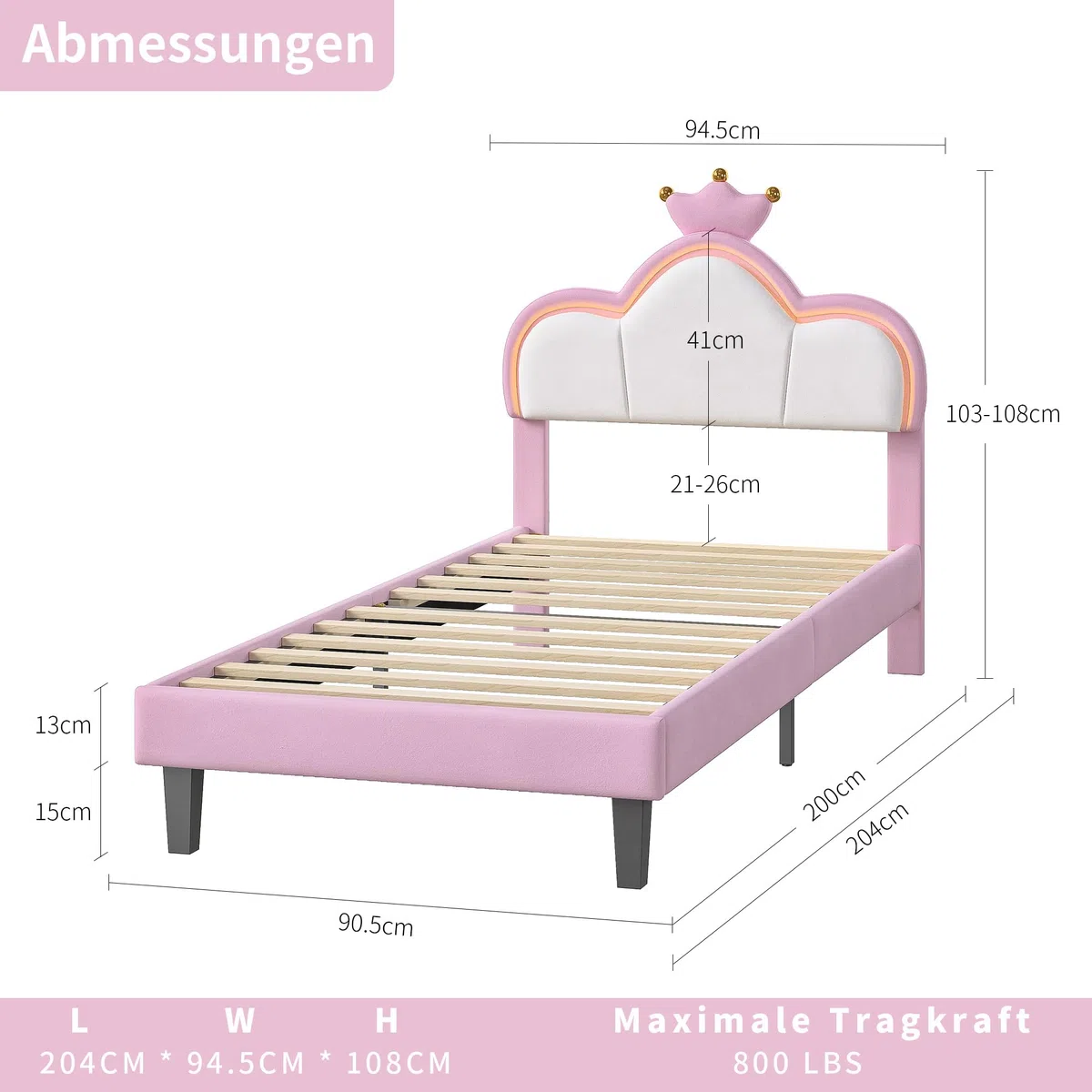Polsterbett Einzelbett 90x200 cm Kinderbett mit LED Beleuchtung App-Steuerung Krone-Design Samt Rosa Weiß